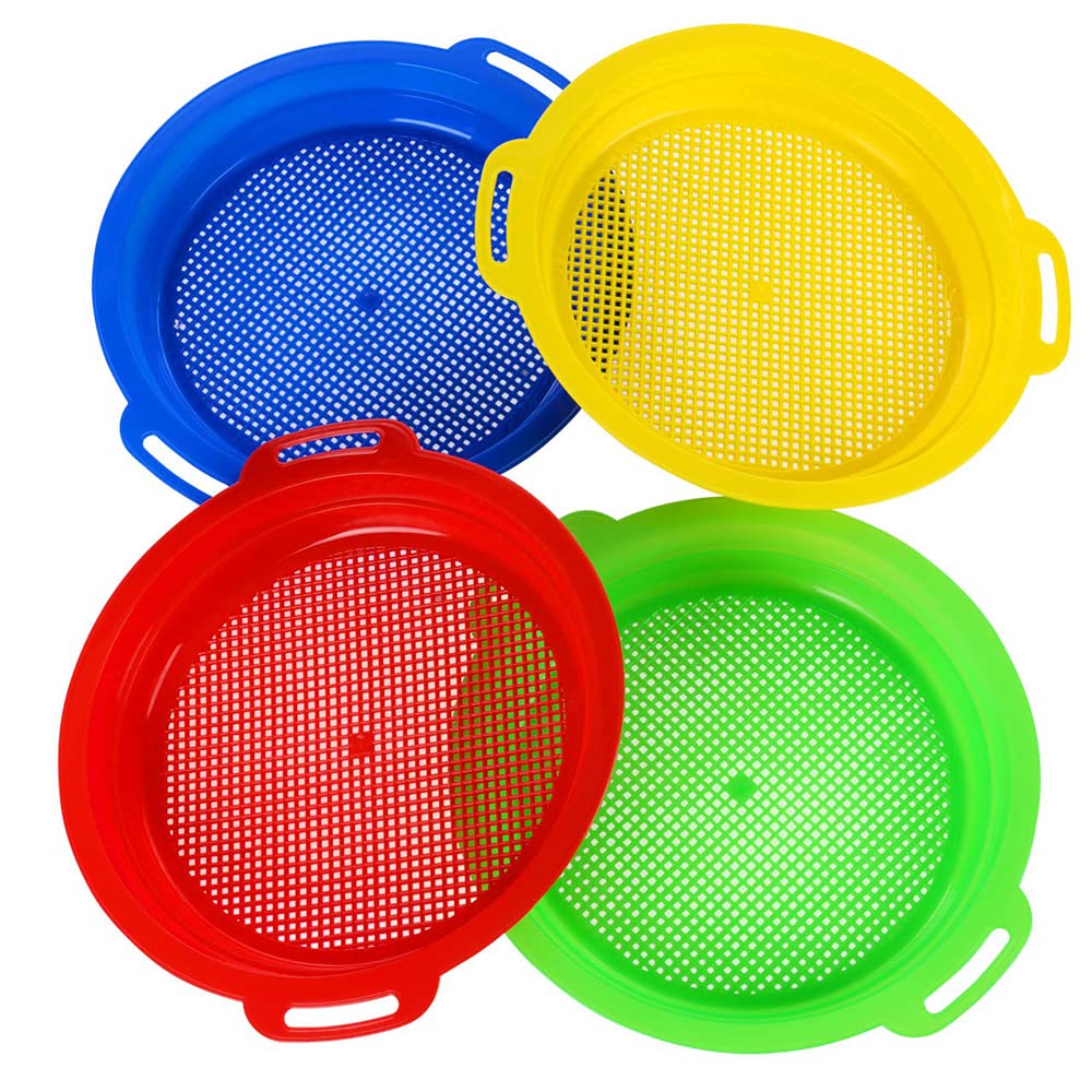 KASTWAVEJumbo Beach Sand Sieves Toys, Large Beach Sifter Toy Sets Kit Gear Gardening Digging Finding Treasure Shells Stones Discovery Toy Durable ABS Gift Set Bundle For Kids Boys Girls- 4 Pack