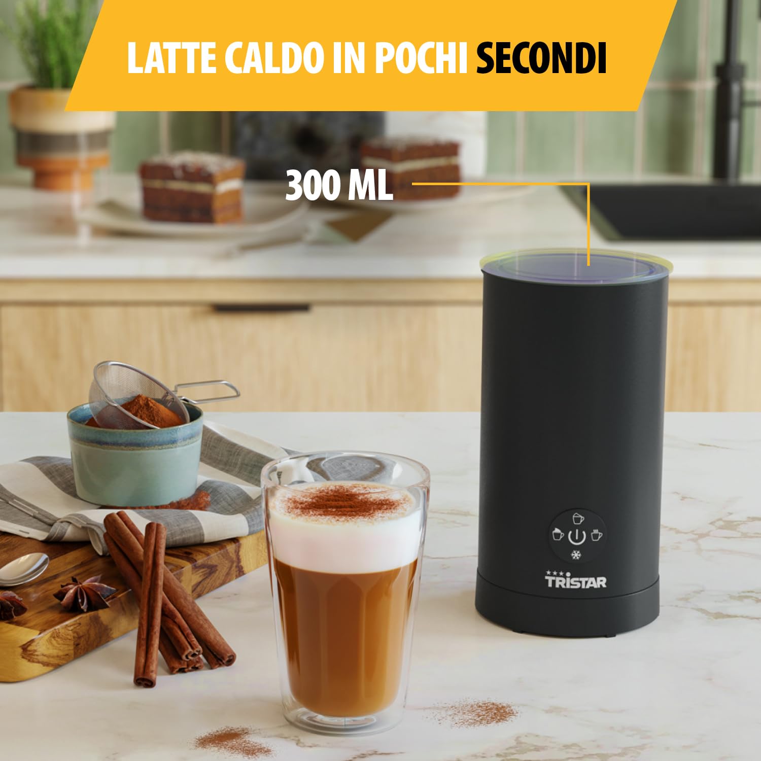 Tristar Milk Frother, Funzione 4 in 1, Potenza 500 W per Scaldare e Montare il Latte, Controllo a Un Pulsante, Caraffa Rimovibile, MK-2278