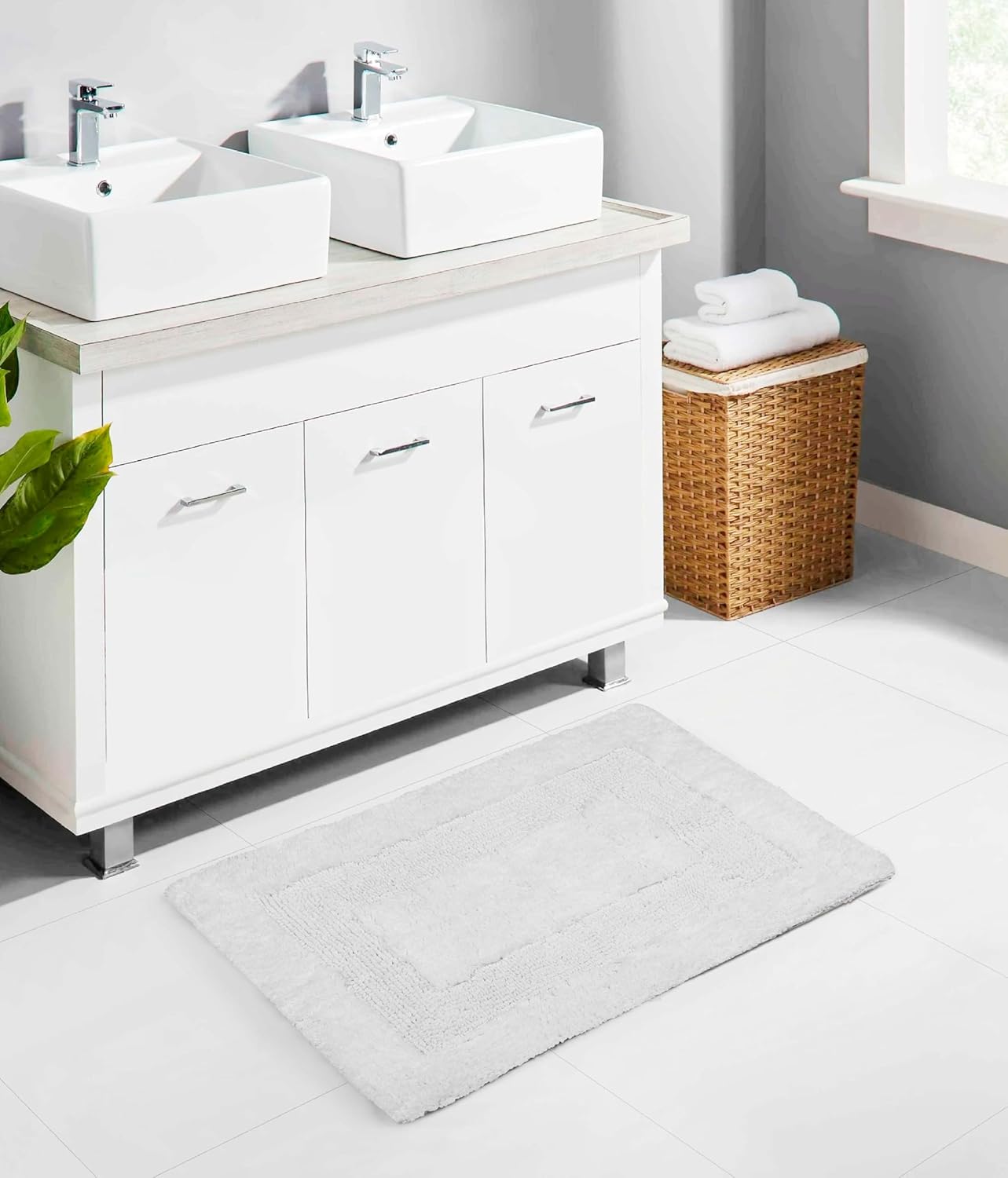 Cotton Craft 2 Piece Reversible Step Out Bath Mat Rug Set 17x24 White, 100% Pure Cotton, Super Soft, Plush & Absorbent, Hand Tufted Heavy Weight Construction, Full Reversible, Rug Pad Recommended