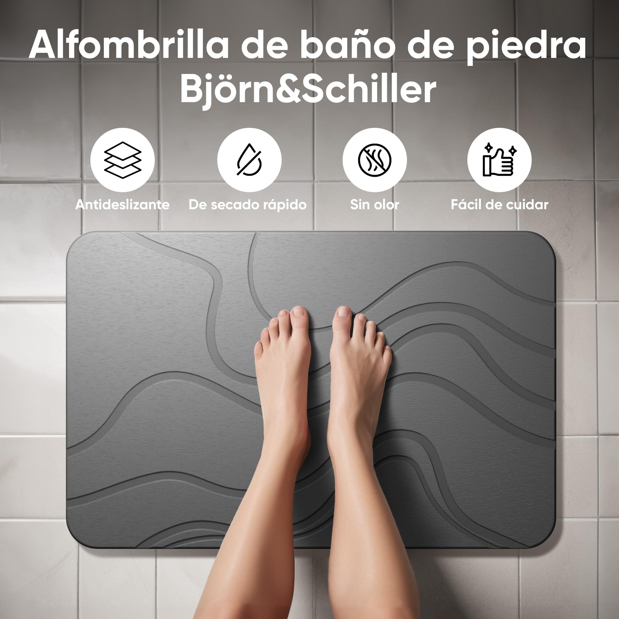 Björn&Schiller Alfombra de baño de Piedra, Set de Alfombra de baño de Secado rápido, antibacteriana de diatomita, Antideslizante y Absorbente 60х39 cm, Gris Oscuro