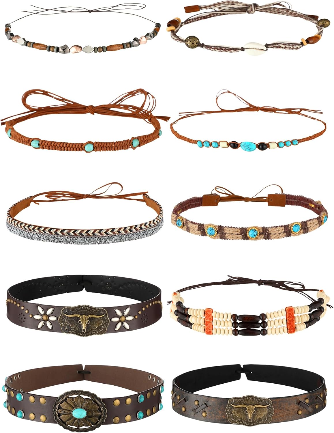 Zeyune 10 Pcs Cowboy Hat Bands Ethnic Western Hat Belts Rural Cowgirl Turquoise Hatbands Beaded Cowboy Hat Stylish Style