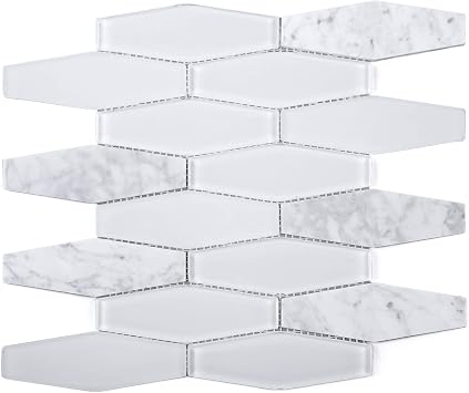 TFNG-01 Long Hexagon White Carrara Marble and White Glass Mosaic Tile 10 Sheets