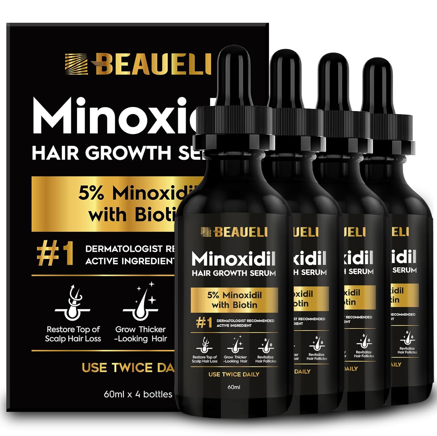 5% Minoxidil Hair Growth Serum for Men and Women: Extra Strength Minoxidil Beard Regrowth Treatment Serum with Biotin for Thinning Hair Loss to Grow Thicker Fuller 8 FL OZ (4 Bottles)
