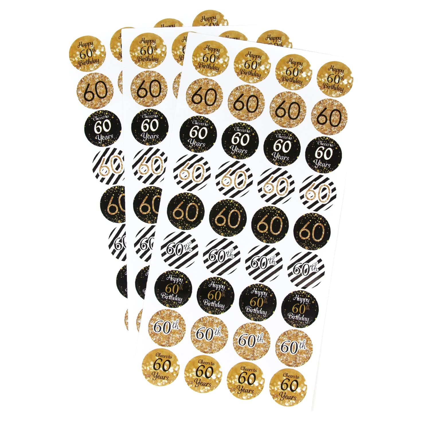 Oblique Unique® 60th Birthday Stickers Anniversary Decoration Stickers Pack of 108 Celebration Party Gift Decoration Birthday Decoration Gold Black White