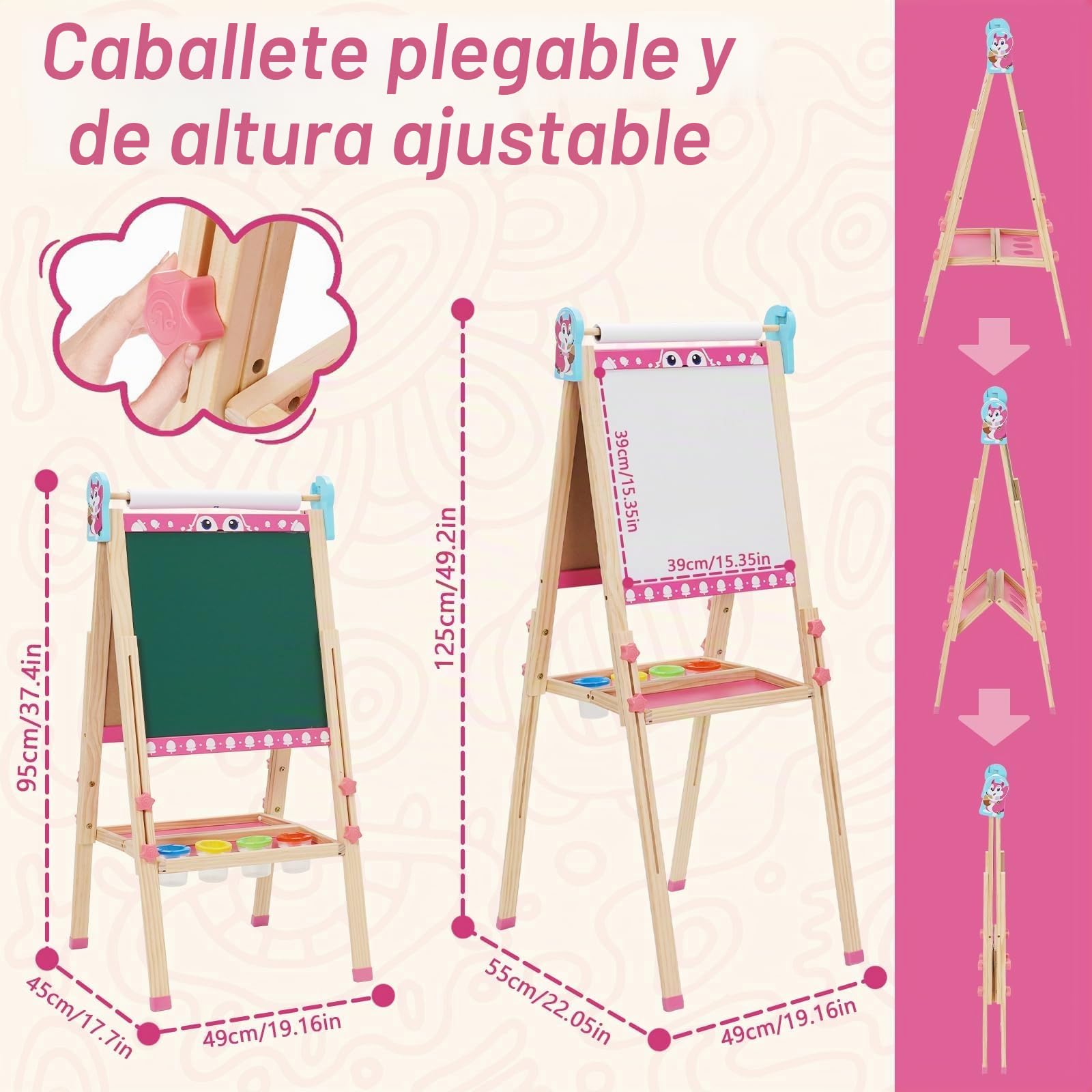 Caballete Infantil 3 en 1 Pizarra de Dibujo de Doble Cara de Madera Plegable con Rollo de Papel, Pizarra Blanca y Pizarra Caballete de Arte de Altura Ajustable 95-125cm Todo en Uno con 100+ Accesorios