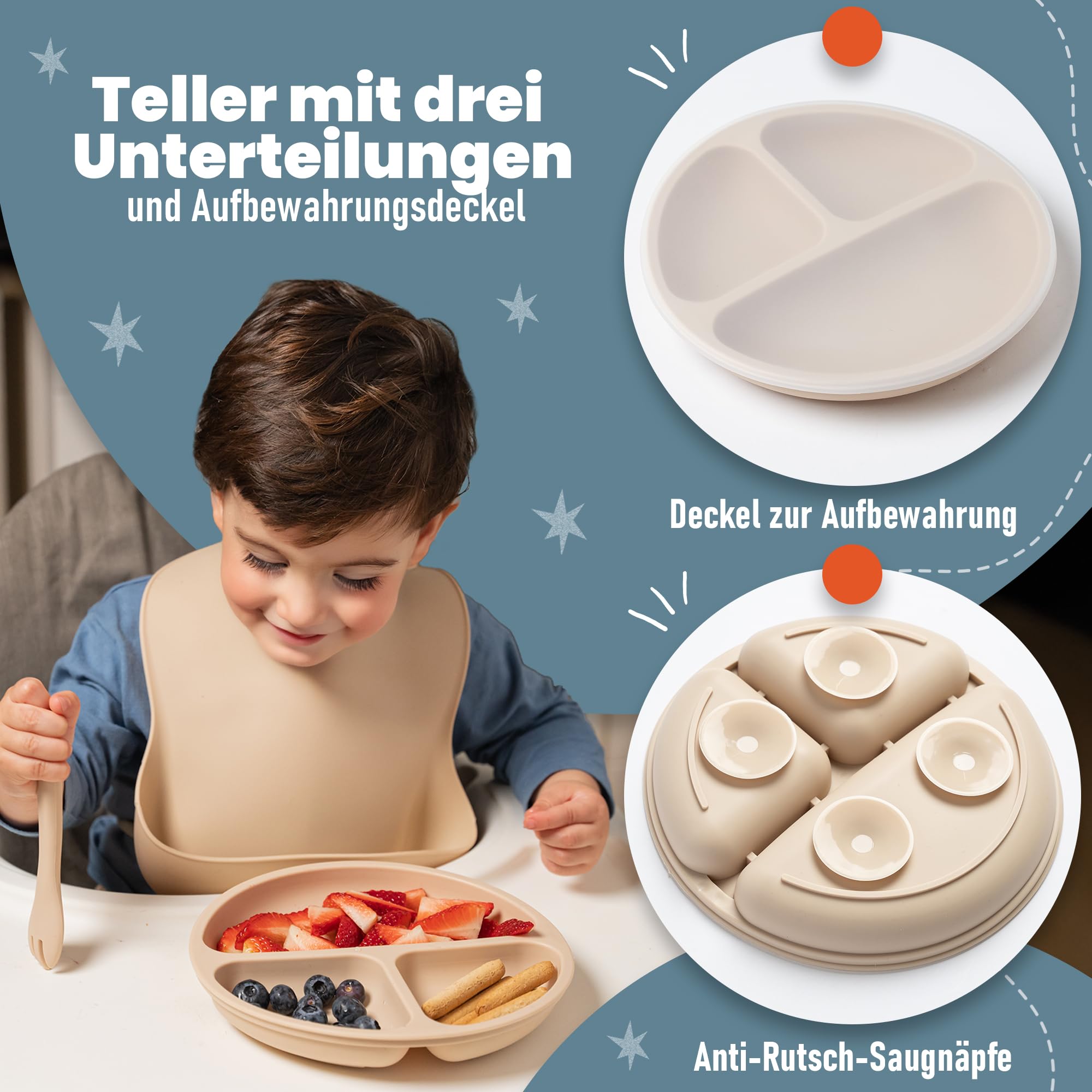 Kindergeschirr set aus Silikon mit Transport oder Aufbewahrungstasche - Kinderbesteck ab 1 jahr - Beikost baby zubehör - Fruchtsauger Baby - Esslernlöffel Baby mit Squeeze Flasche