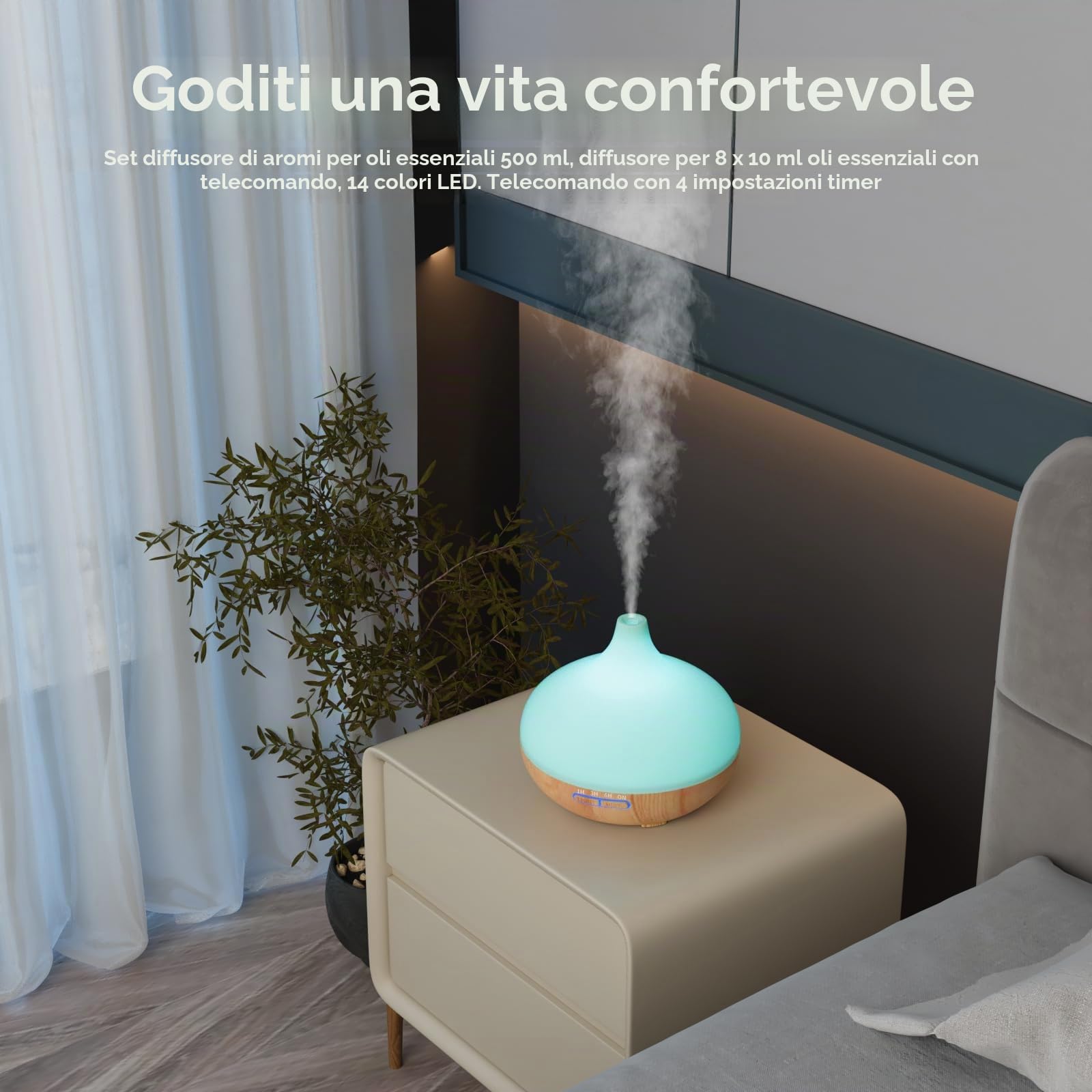 Set di Diffusore di Aromi per Oli Essenziali 500 ml con Telecomando, 14 Colori LED e 4 Impostazioni del Timer - Ideale per Rilassamento, Benessere e Aromaterapia
