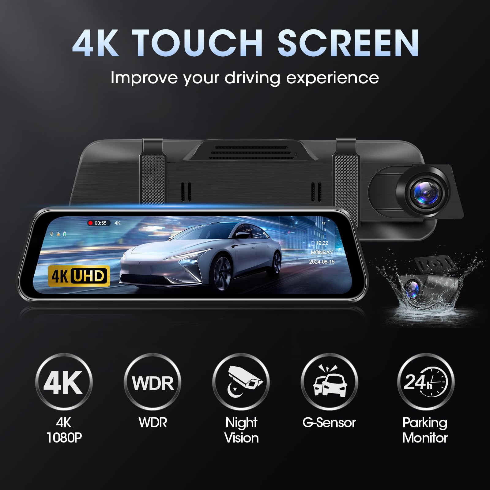 Vtopek Dashcam 4K Cámara de salpicadero con espejo de 10 pulgadas con cámara de visión trasera Cámara de salpicadero gran angular de 170° Espejo delantero trasero con tarjeta SD de 64G Espejo retrovis