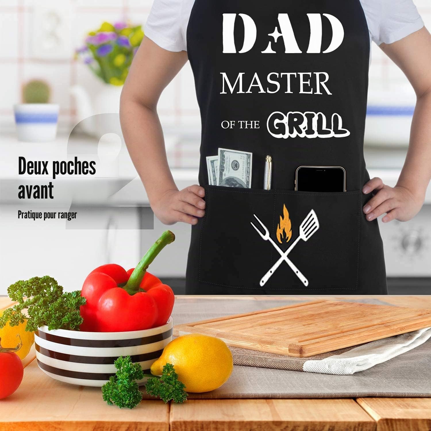 Tablier de Cuisine Homme, Tablier Barbecue de Papa, Noir Imperméable Tabliers avec 2 Poches, Chef Tabliers pour Barbecue Fête, Cadeaux pour Hommes Papa Mari Copain Grand-père