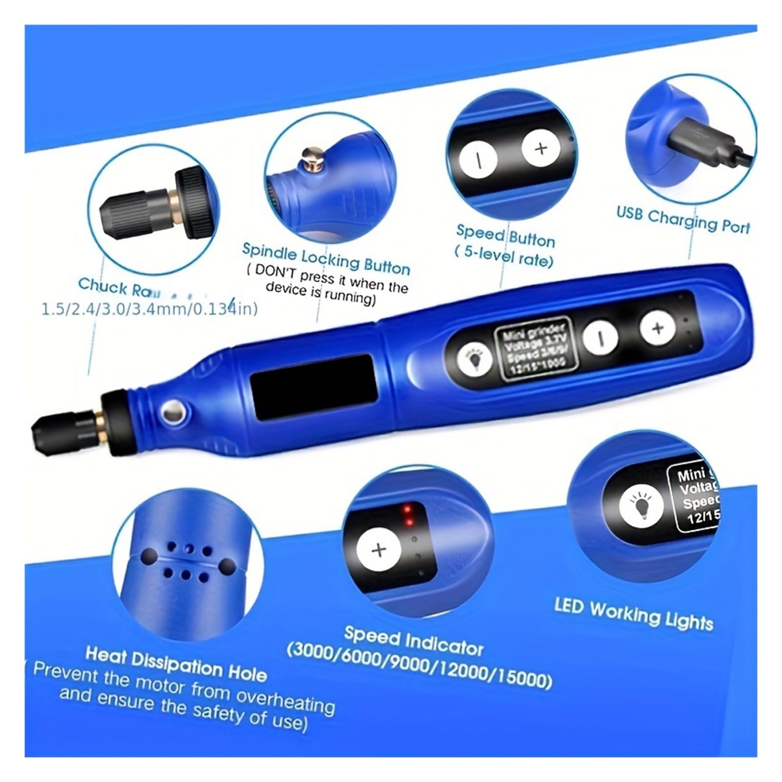 Kit di utensili rotanti senza fili USB Penna for incisione del legno Fai da te for gioielli Mini trapano wireless in metallo e vetro Lucidatura, Incisione(Blue-115pcs)