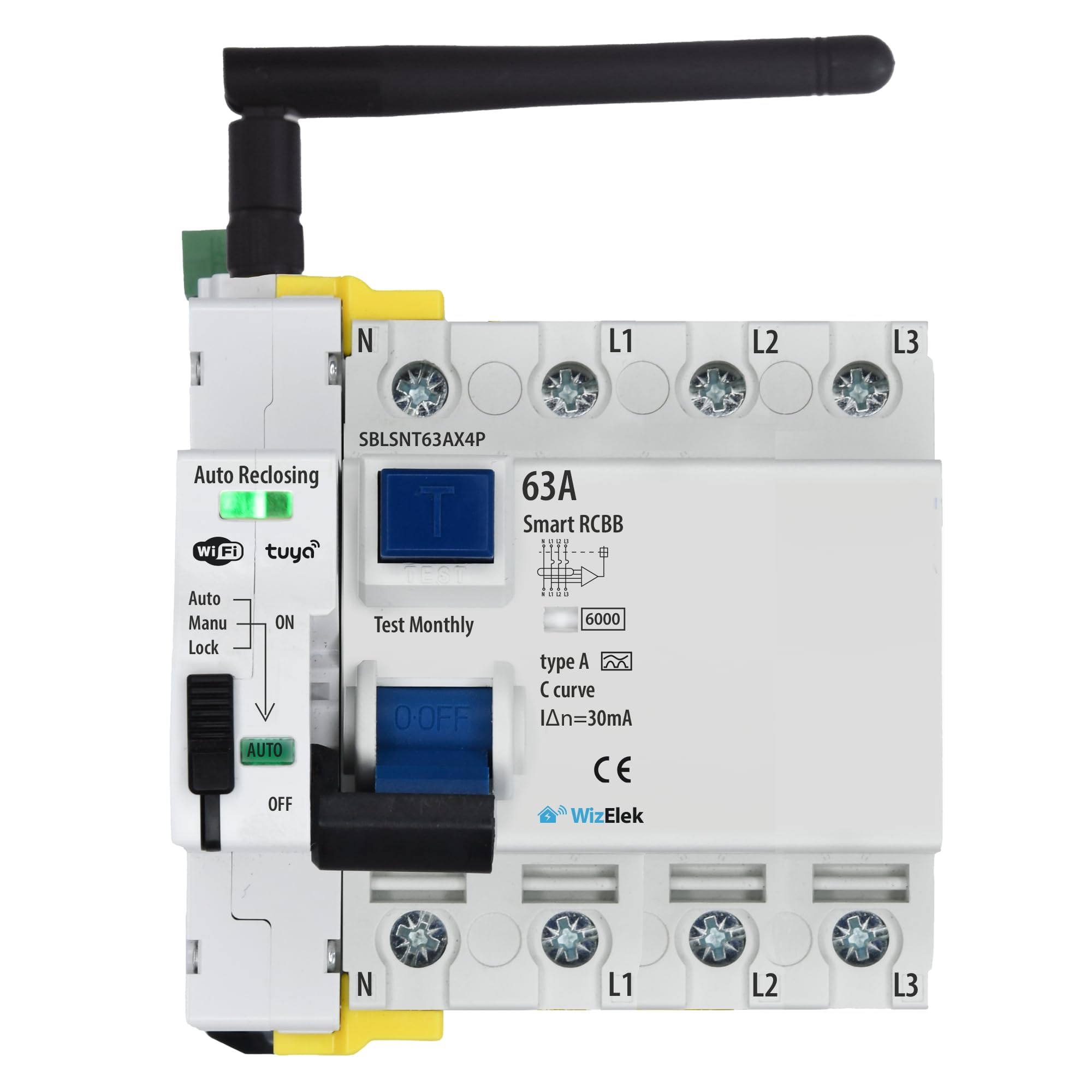 Smart-Home Salvavita Wi-Fi Tuya con Riarmo Automatico 4P Trifase 63A 30mA Tipo A&AC – Controllo Remoto – 5 Moduli DIN – RCCB EN 61008-1