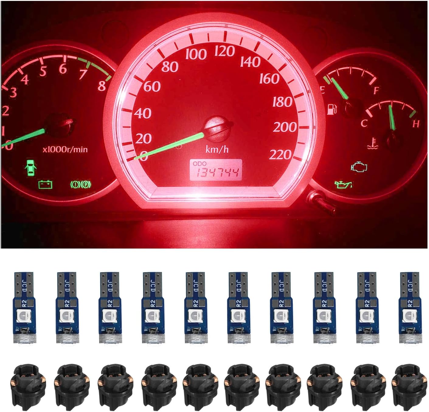 Dickno 10 PCS T5 Led Lights for Car Dashboard, High Light 3030-3SMD Replacement with Twist Lock Socket, Led Bulb for Gauge Cluster Indicator Dashboard Instrument Panel Lights (Red)