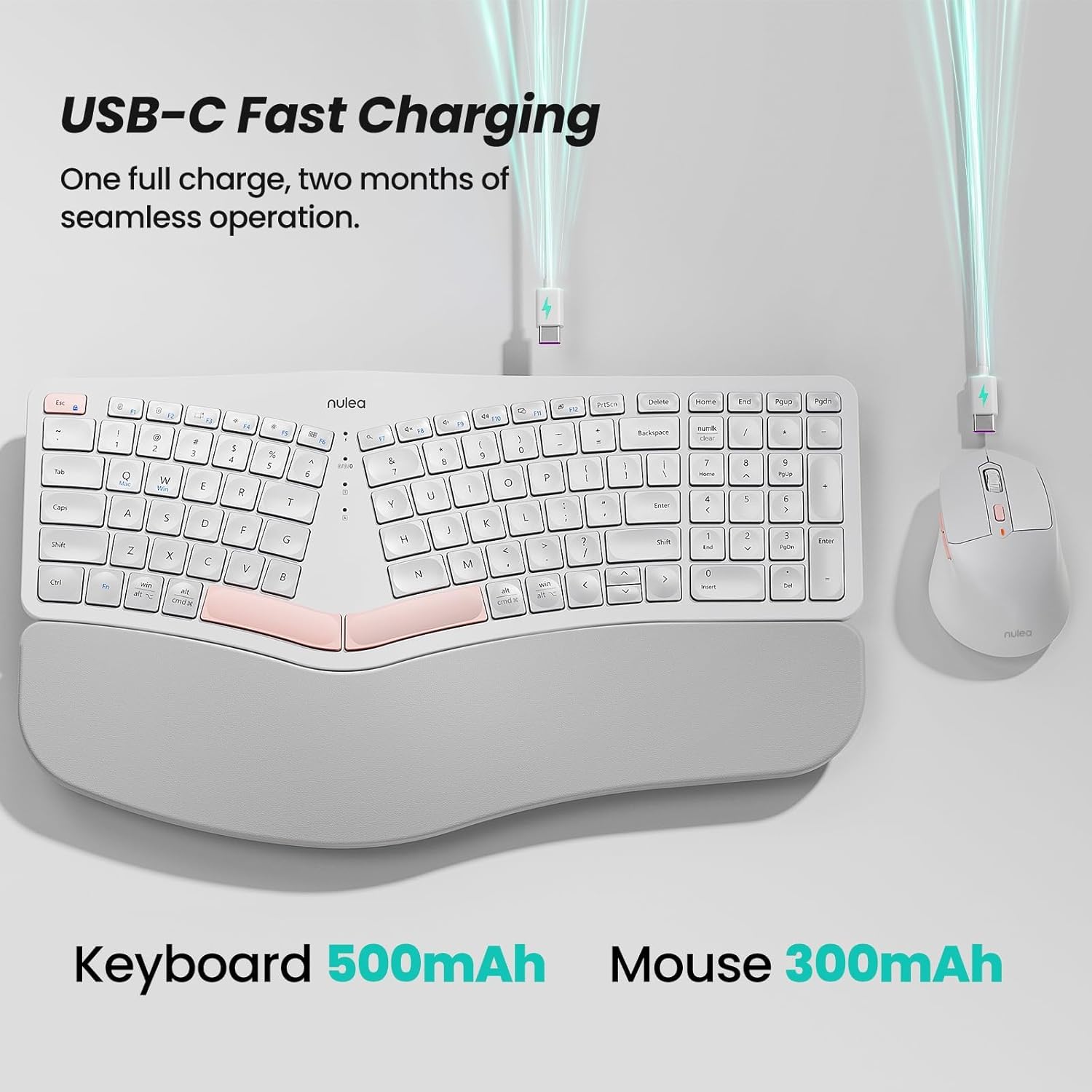 Nulea KM75 Wireless Keyboard and Mouse Combo, Comfortable Natural Typing, Palm Rest, Multi-Device (Bluetooth, 2.4G, Wired), Rechargeable, for Multi-OS, Windows, Mac, Android (White Pink)