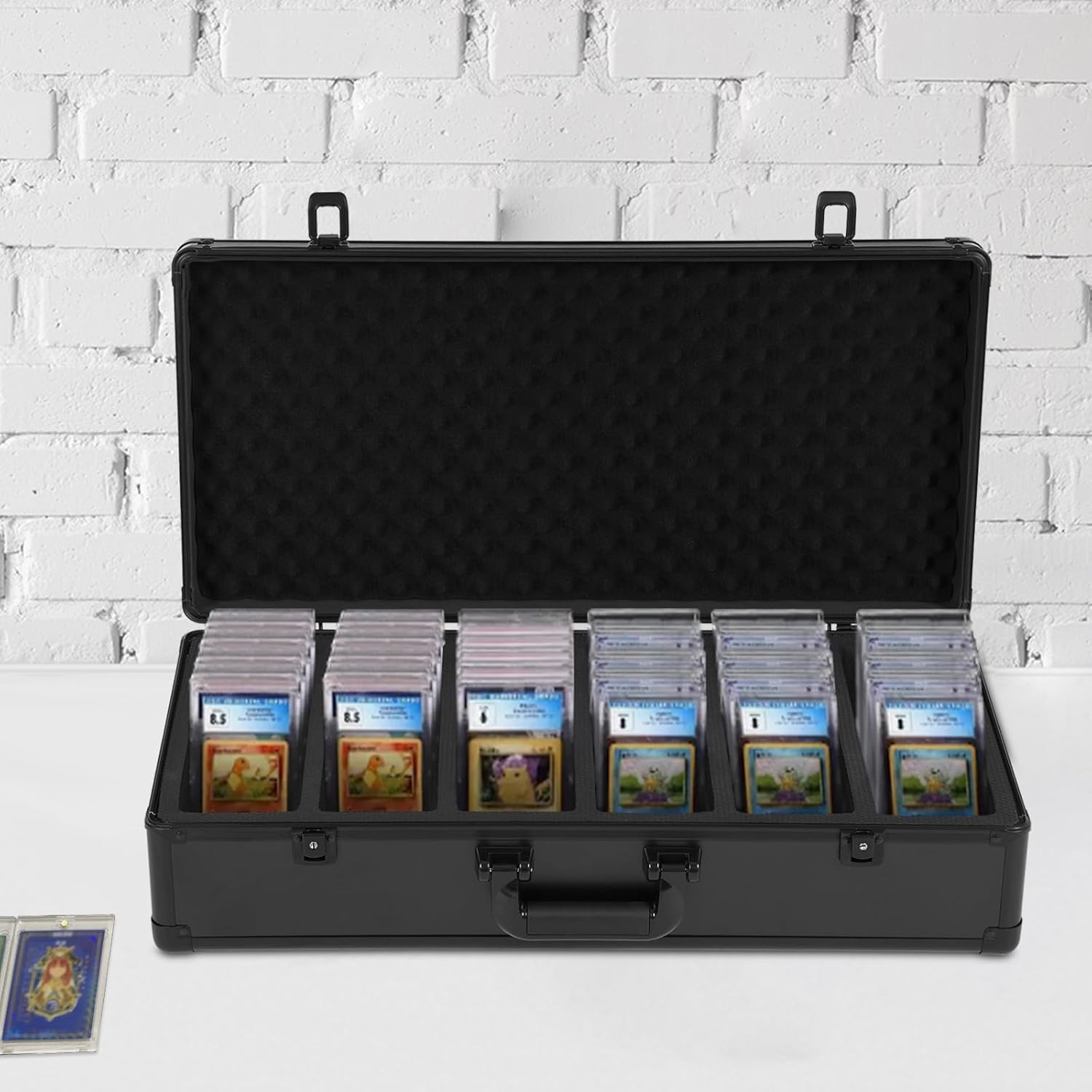 Card Storage Box for Graded Cards, 6 Rows Aluminum Alloy Collectible Card Case Holds 222 BGS SGC PSA Holders, with Locking Latches Keys, Black Trading Card Organizer