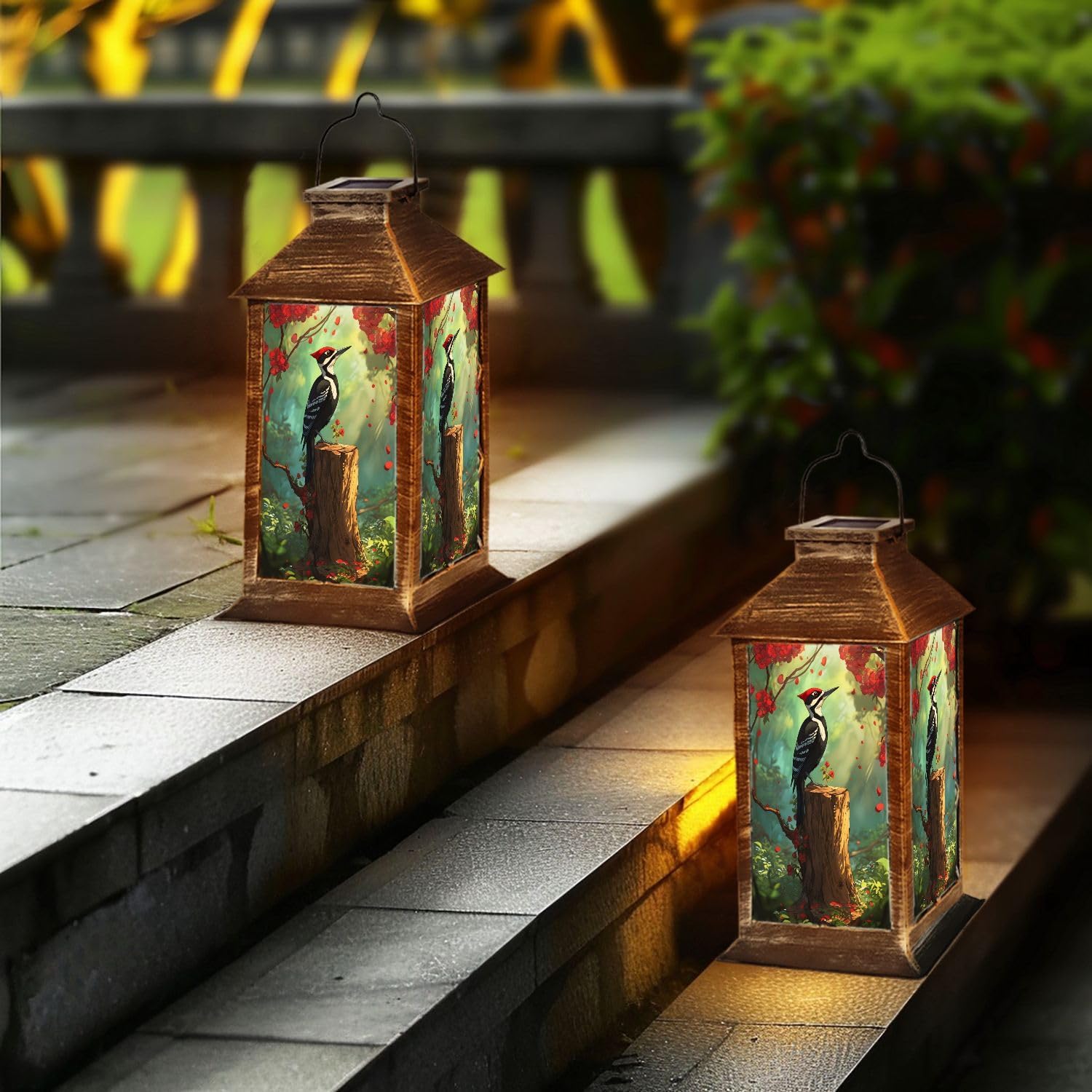 Solar Lantern Woodpecker Bird Tree Stump Red Blossoms Sunlit Forest Outdoor Waterproof Hanging Solar Light Outside Lights for Patio Yard House Lawn Decor Birthday Gifts for Women Mom
