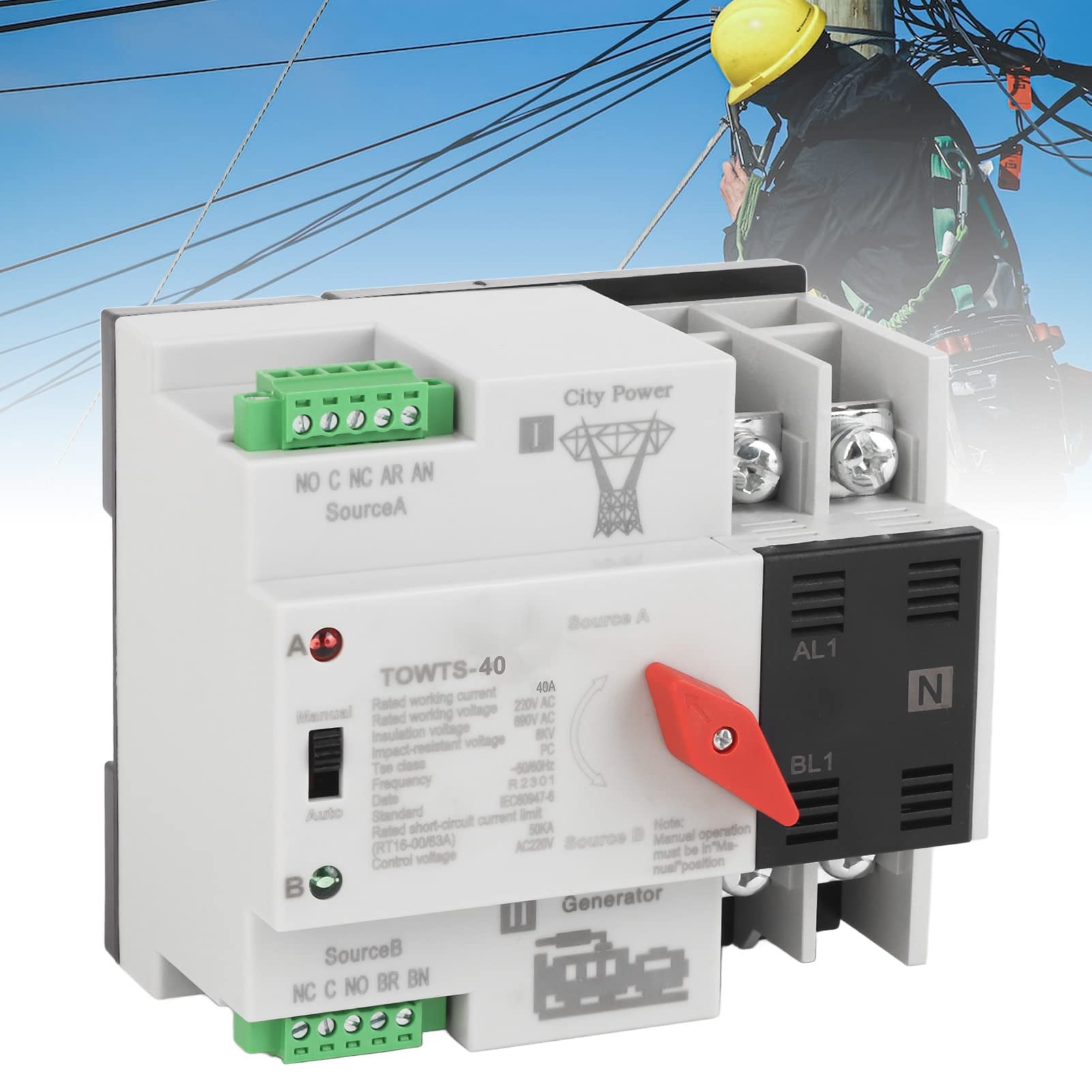 Ausla Interruttore Automatico a Doppia Alimentazione Alloggiamento PC Interruttore di Trasferimento Automatico 2P AC 220 V 8 KV Modalità Automatica e Manuale Trasferimento Pubblico e in Standby per