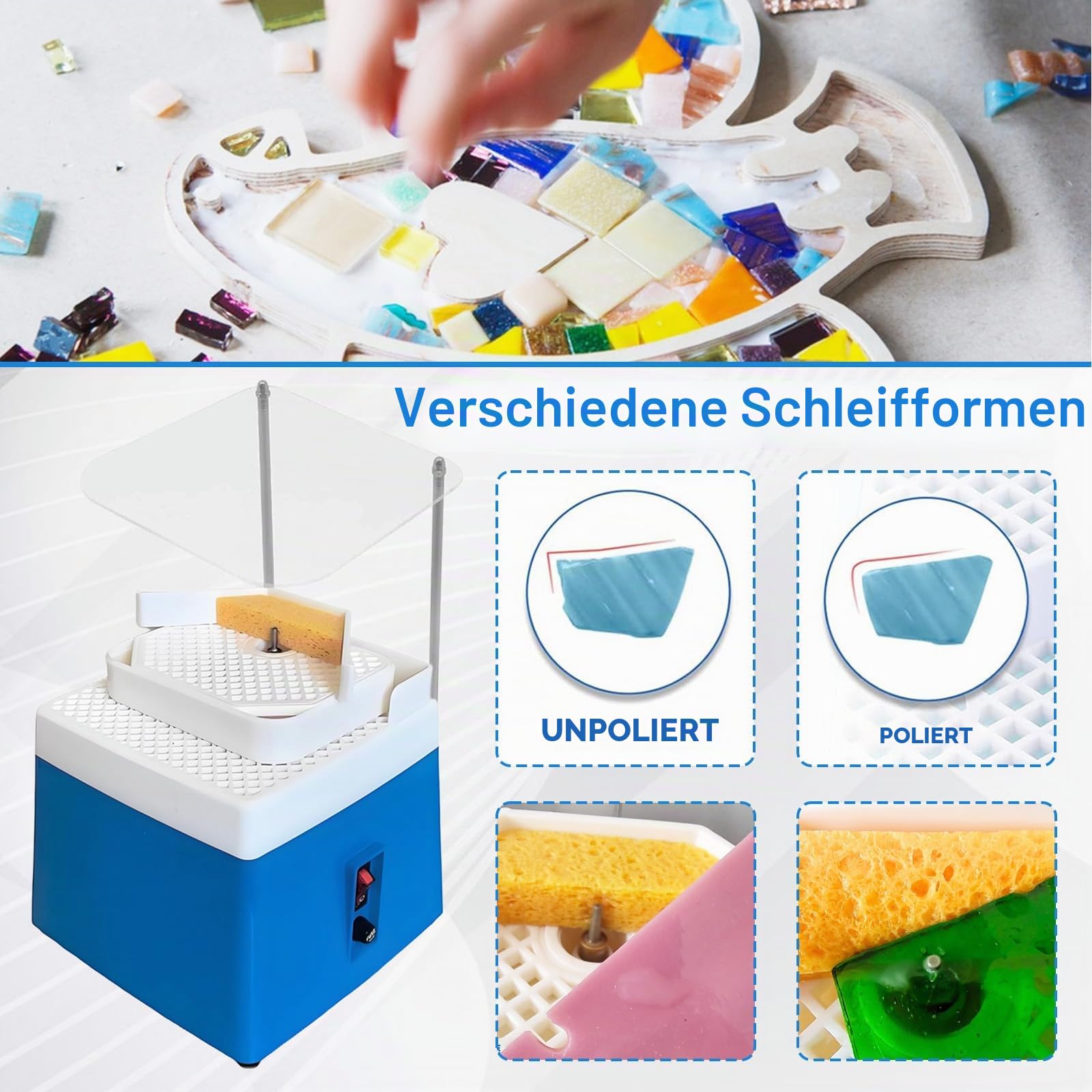 Glasschleifer, 65W 220V 4200R/Min Doppellagig Buntglasmühle Automatische Glasschleifmaschine mit 5/8'' und 1'' Schleiferbits und Schallwand für Glas und Keramik Handwerk Eu Stecker Blau