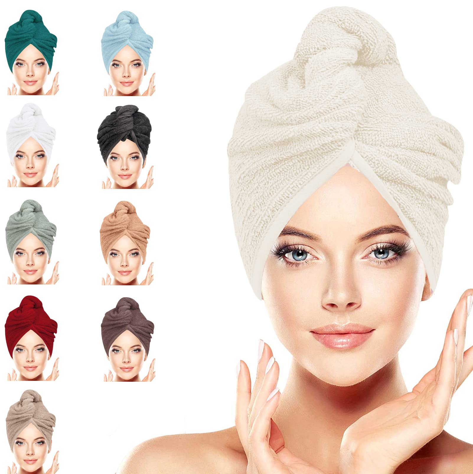 LUXURY Hair Towel Wrap 100% Cotton, Instant Drying Lightweight Turban Hair Cap Super Quick Absorbent Anti-Frizz Twist Toweling Dry Hat Button Loop for Long Curly Hairs, 62CM x 23CM (Cream, Pack of 2)