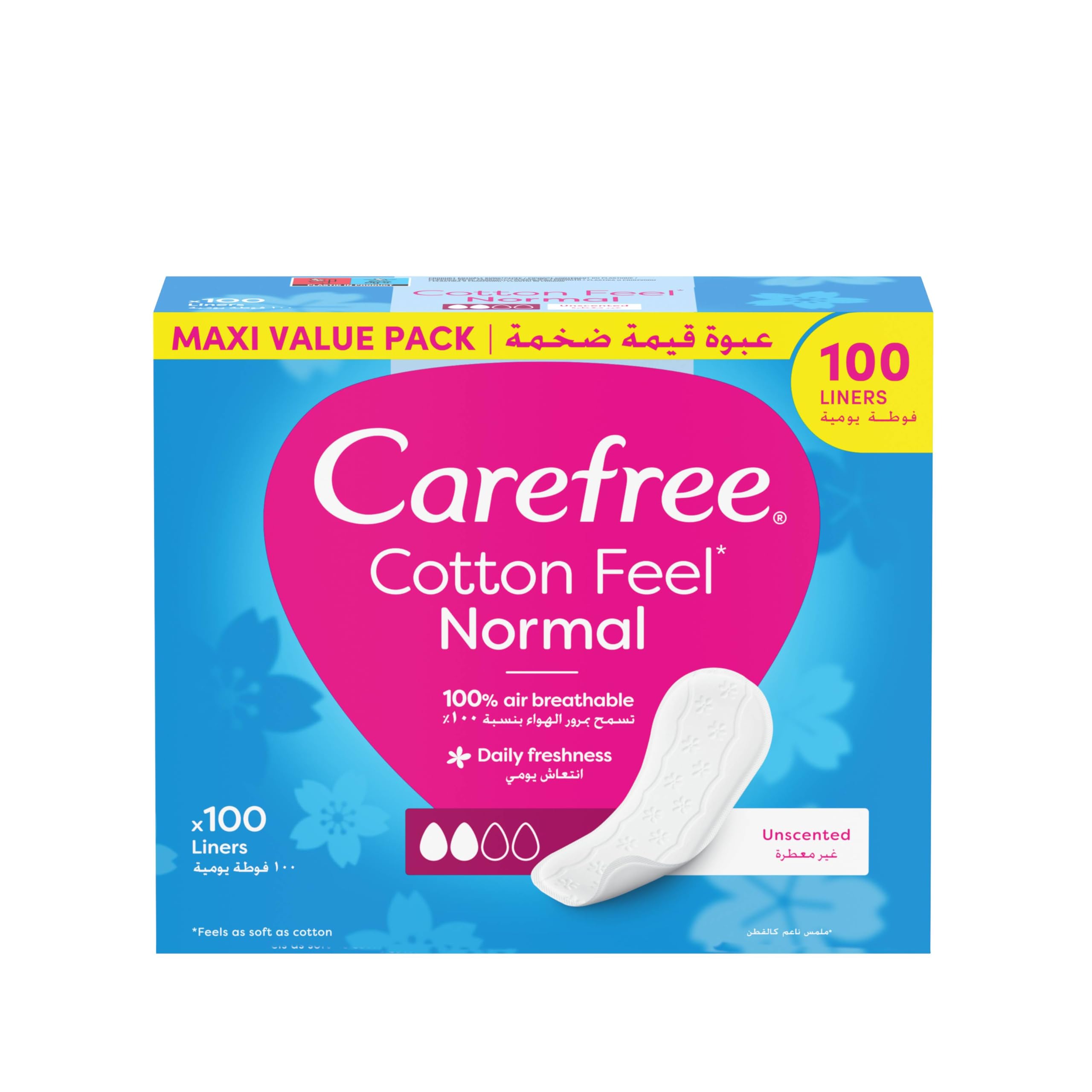 Carefree Cotton Feel Perfume-Free Panty Liners, 100% Breathable Normal Size, Pack of 100 - Gentle and Comfortable Protection for Everyday Use