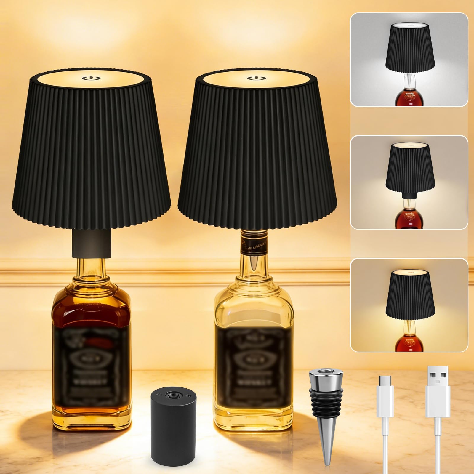 Wireless Bottle Lamp 2Pack, Wireless Bottle Lampshade, LED Touch Control USB-C Rechargeable Bottle Lights, 3 Color Stepless Dimming Wine Bottle Lights, for Bedroom, Terrace, Party, Bar (Black) — image 1