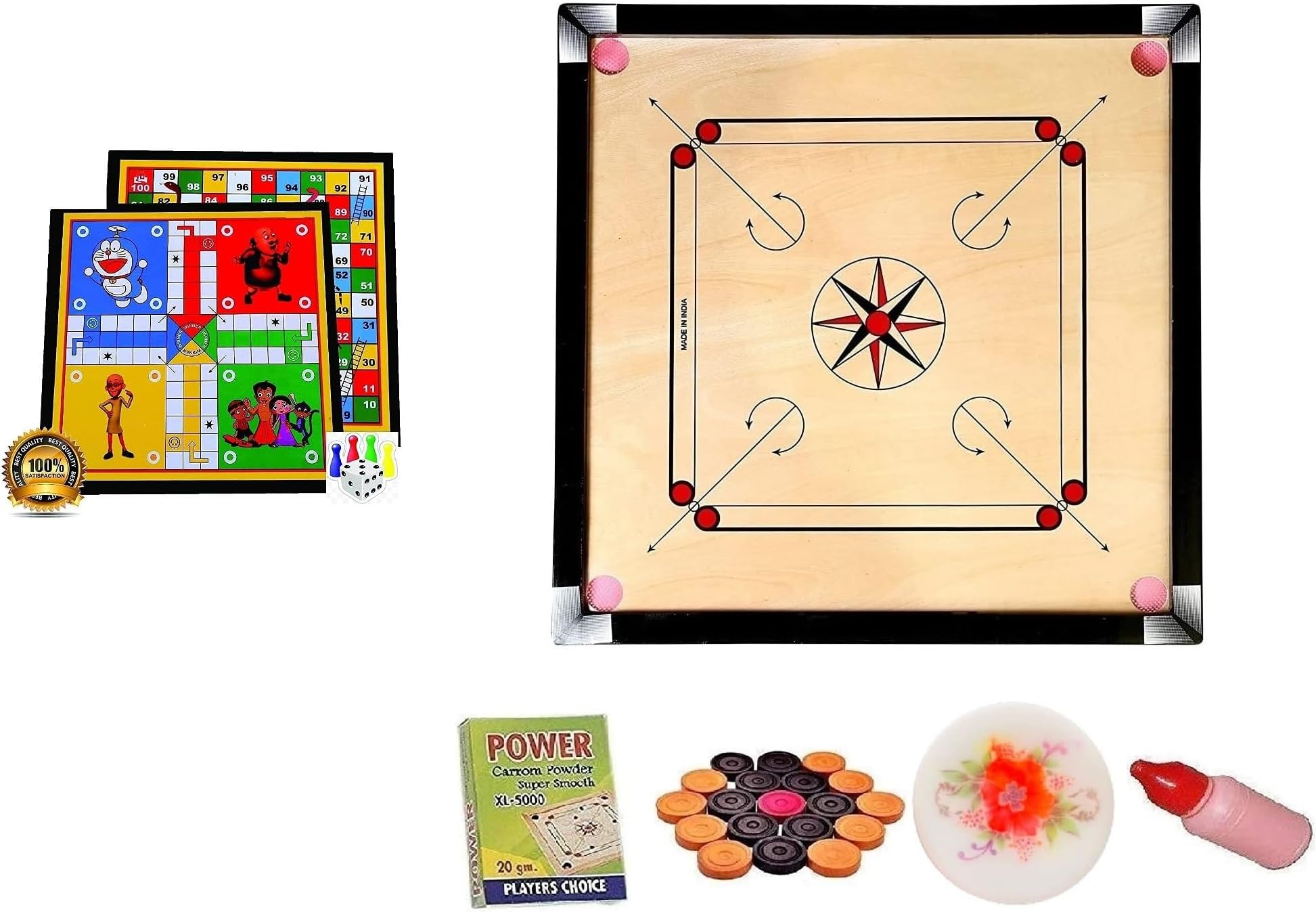 WRF Superior Matte Finish Practice Carrom Board For Serious Professional Practice With Coins Striker And Powder Black New (26 Inch Carrom With Ludo Wr-02), For Kid