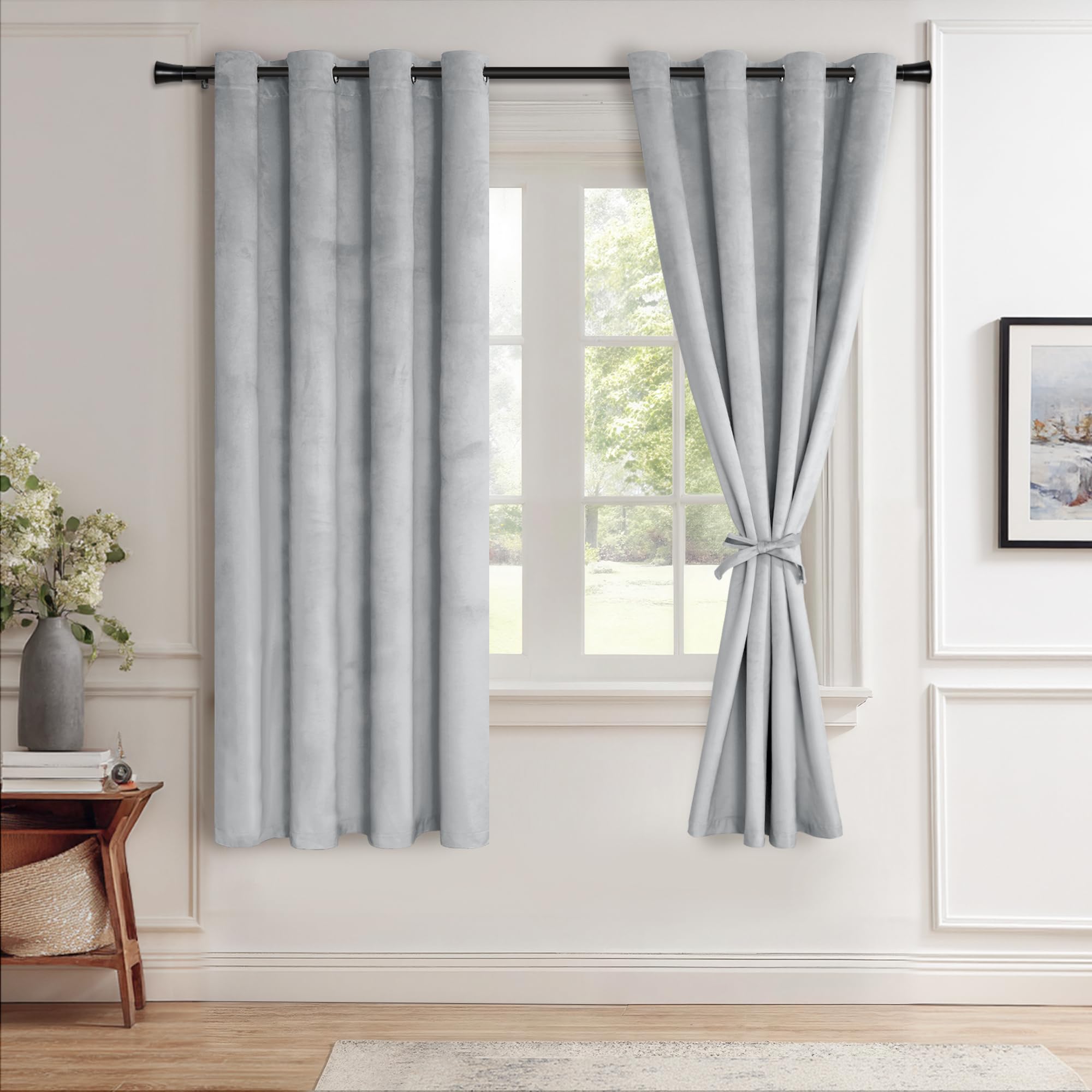 JIUZHEN Silver Grey Velvet Curtains 63 inch - 2 Panels of Soft and Smooth Luxury Velvet Curtains Room Darkening Heat Blocking Grommet Curtain Panels for Kitchen/Short Window, W52 x L63