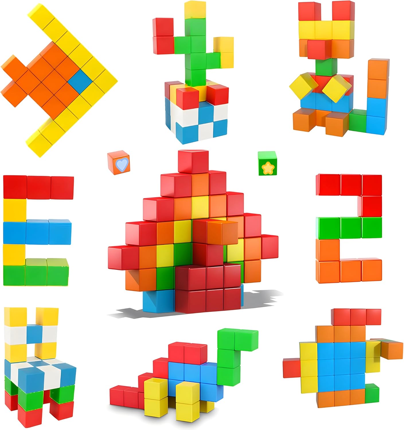 Various colorful structures built using AOMIKS magnetic blocks, including a fish, a cactus, and abstract shapes, demonstrating creative possibilities.
