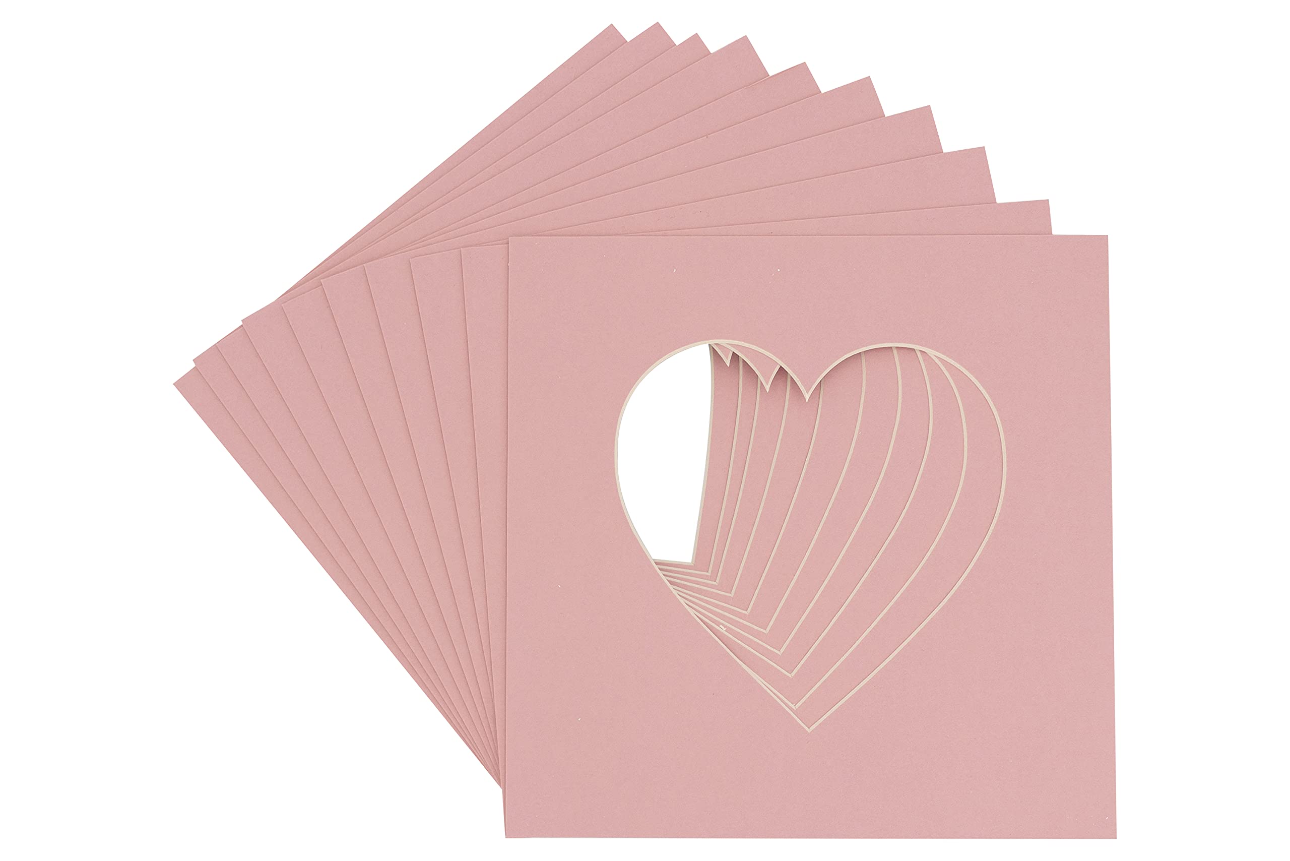CountryArtHouse Pink Acid Free 8x8 Heart Picture Frame Mat with White Core Bevel Cut for 4x4 Pictures - Fits 8x8 Frame - Pack of 10 Matboard Show Kits with Acid Free Backings & Clear Bags