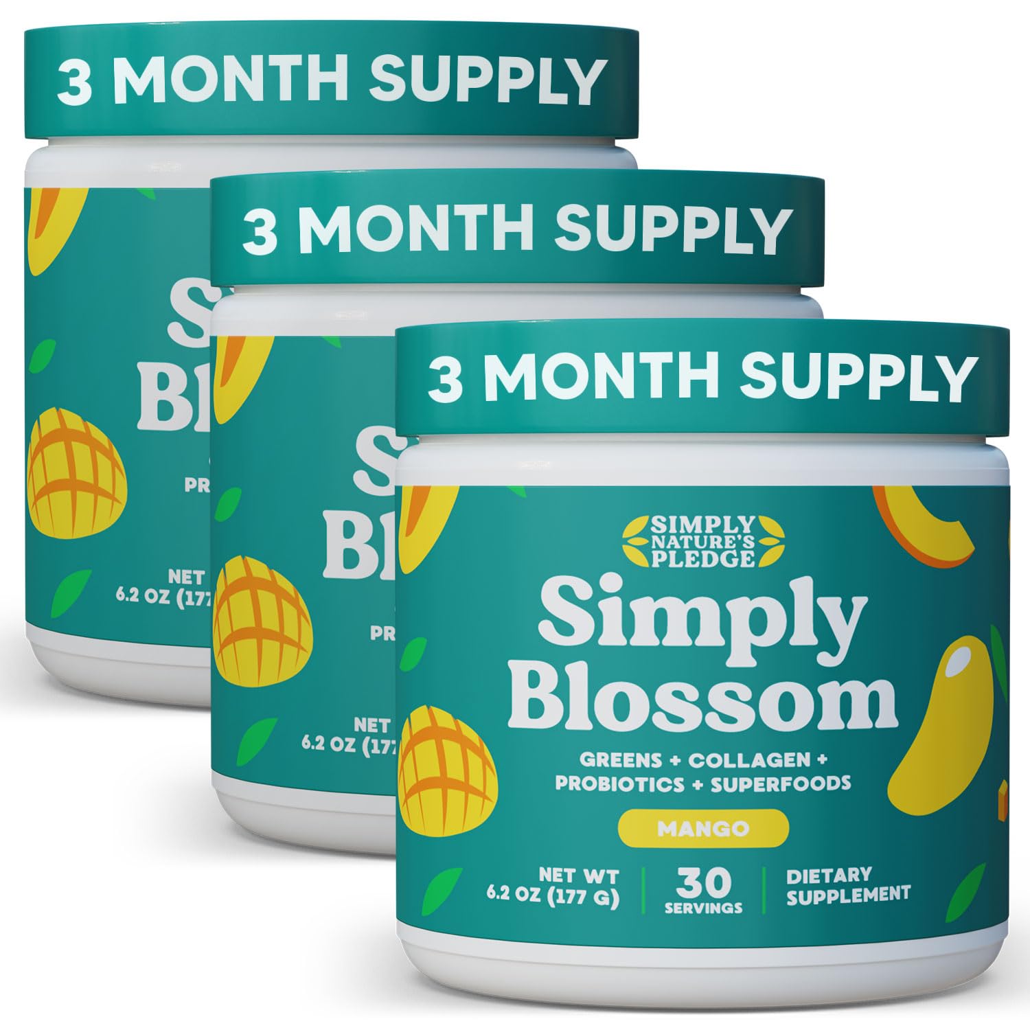 Simply Blossom Nutrition Daily Greens & Superfood Powder + Collagen + Probiotics for Women's Digestive Health & Bloating Relief. Help Your Health Bloom - 3 Month Supply - Mango
