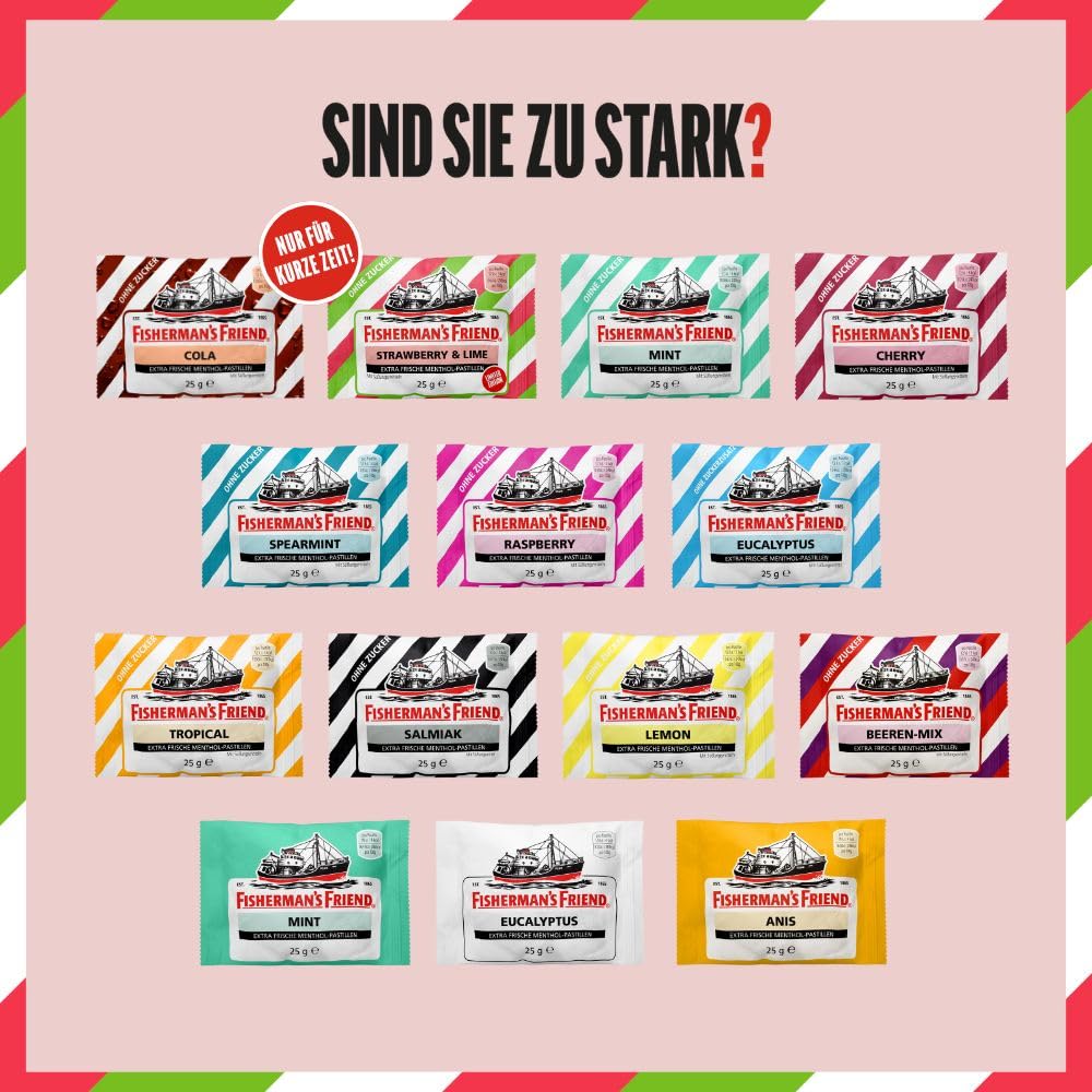 Fisherman's Friend Strawberry und Lime, 24er Vorratsbox, Exklusive Sorte mit Erdbeer, Limette und Menthol Geschmack, zuckerfrei und vegan, Bonbons für frischen Atem, 24 x 25g