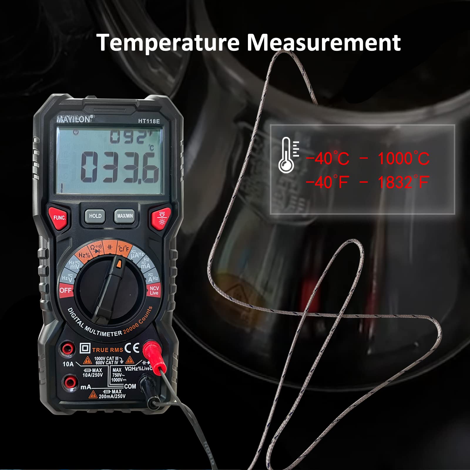 HT118E 20000 Zählt Multimeter Digital, Strommessgerät True RMS mit NCV und LIVE-Draht Erkennung, misst AC/DC Spannung und Strom, Temperatur, Kapazität, Widerstand, Dioden, Kontinuität, Frequenz