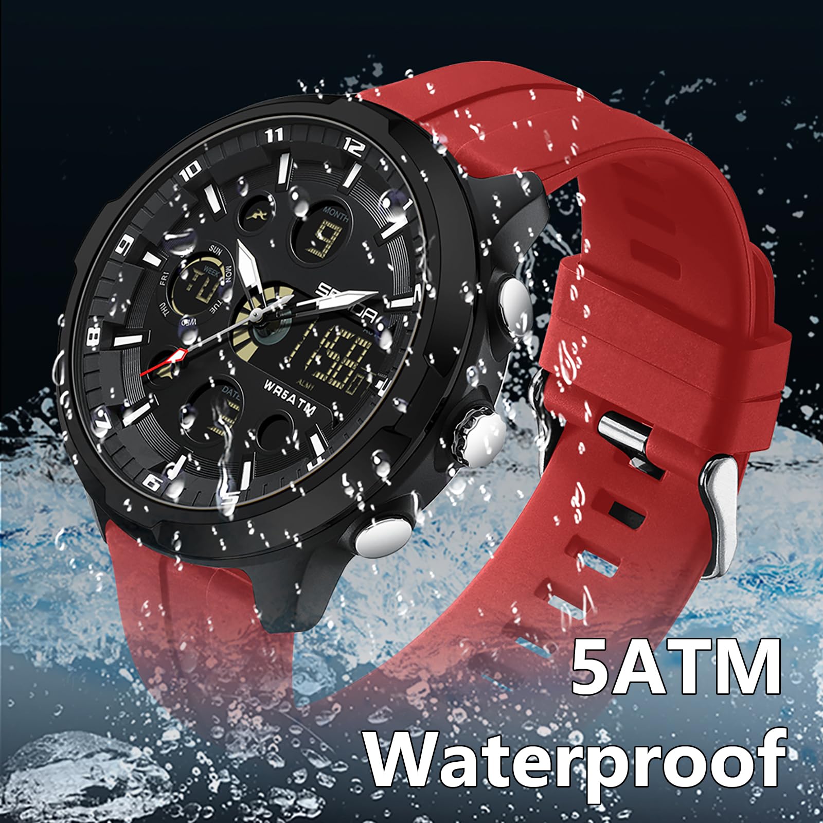 findtime Orologio sportivo digitale da uomo, impermeabile, sveglia, cronometro, snooze, luce notturna, avvisi orari, cinturino in silicone, orologio militare per palestra, nuoto, corsa, uso quotidiano