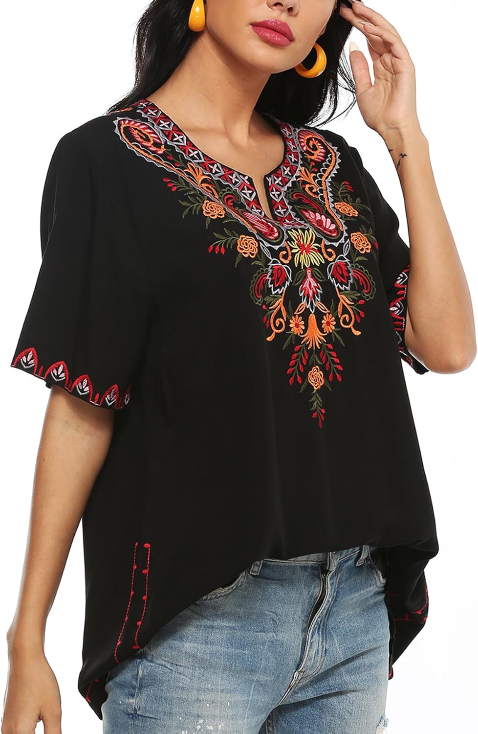 Higustar Mexican Embroidered Tops for Women Bohemian Peasant Shirts Boho Tunic Traditional Clothes Floral Fiesta Blouse - Image 3