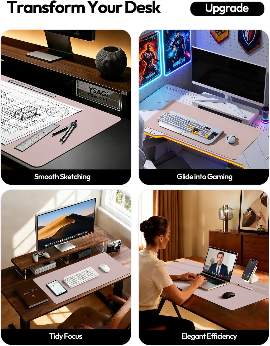 YSAGi Leather Desk Pad Protector, Office Desk Mat, Large Mouse Pad, Non-Slip PU Leather Desk Blotter, Laptop Desk Pad, Waterproof Desk Writing Pad for Office and Home(Grayish Lavender, 47.2" x 23.6") Grayish Lavender 47.2" x 23.6"