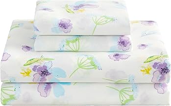 Flower King Size Sheet Floral Sheets Printed Bed Sheets King- 4 Piece Soft Microfiber Blue Dandelion Patterned Fitted Sheet with 15" Deep Pocket