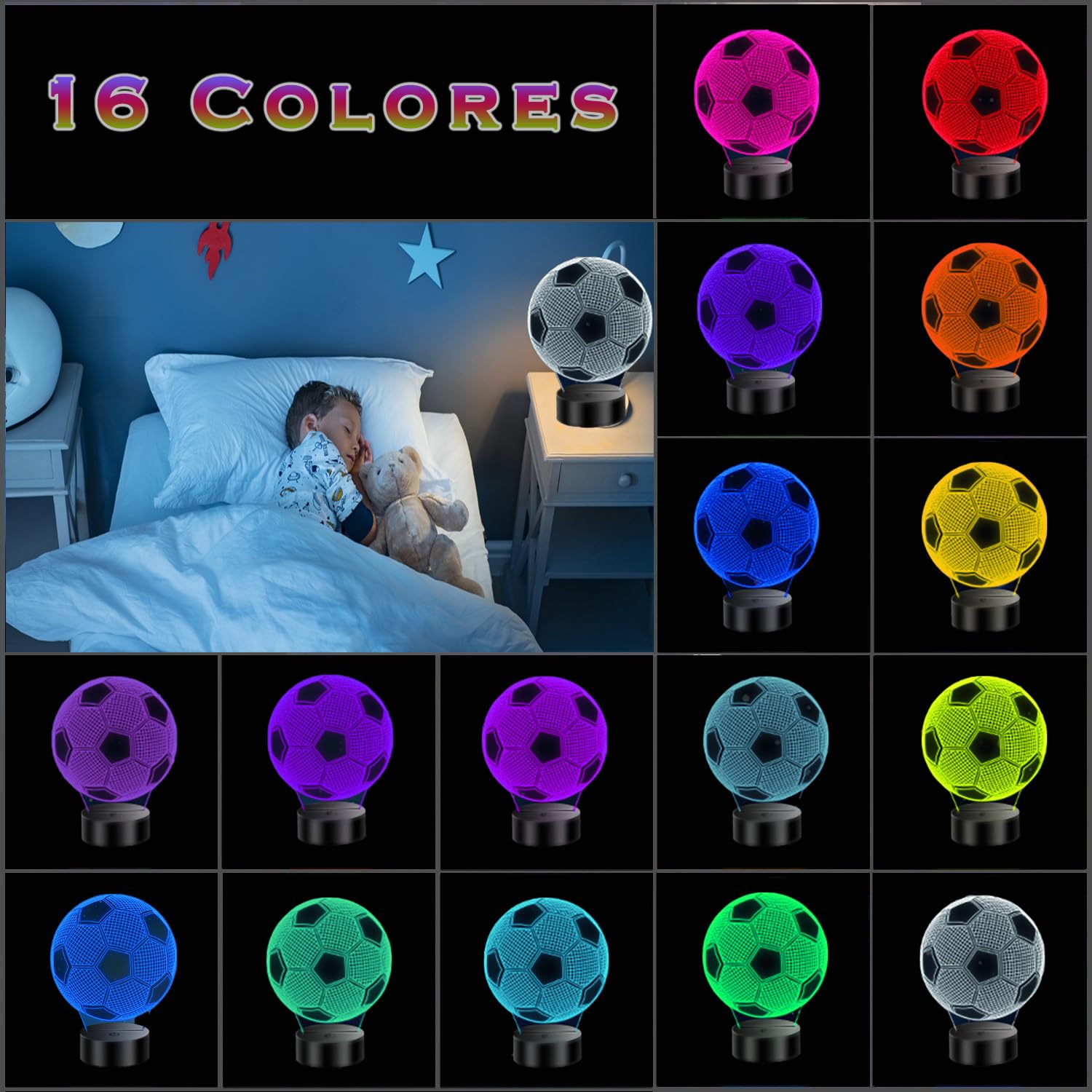 Lámpara LED Colores 3D Bola de Fútbol Regalos de Fútbol Originales Niños Futboleros de 5 a 10 Años Lamparita Infantil Mesita de Noche Artículos Cosas de Fútbol Infantiles Pilas Cable USB Quitamiedos