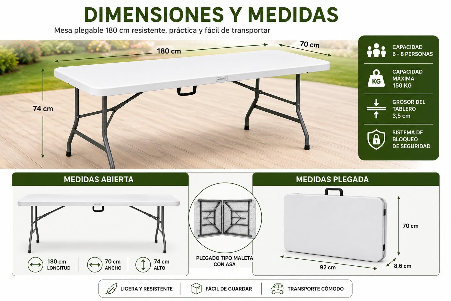 Mesa Plegable 180 cm Blanca con Asa, Mesa Jardín de Resina y Acero, Mesa Catering Portátil Multiusos para Camping, Picnic, Eventos, Terraza e Interior 180x70x74 cm