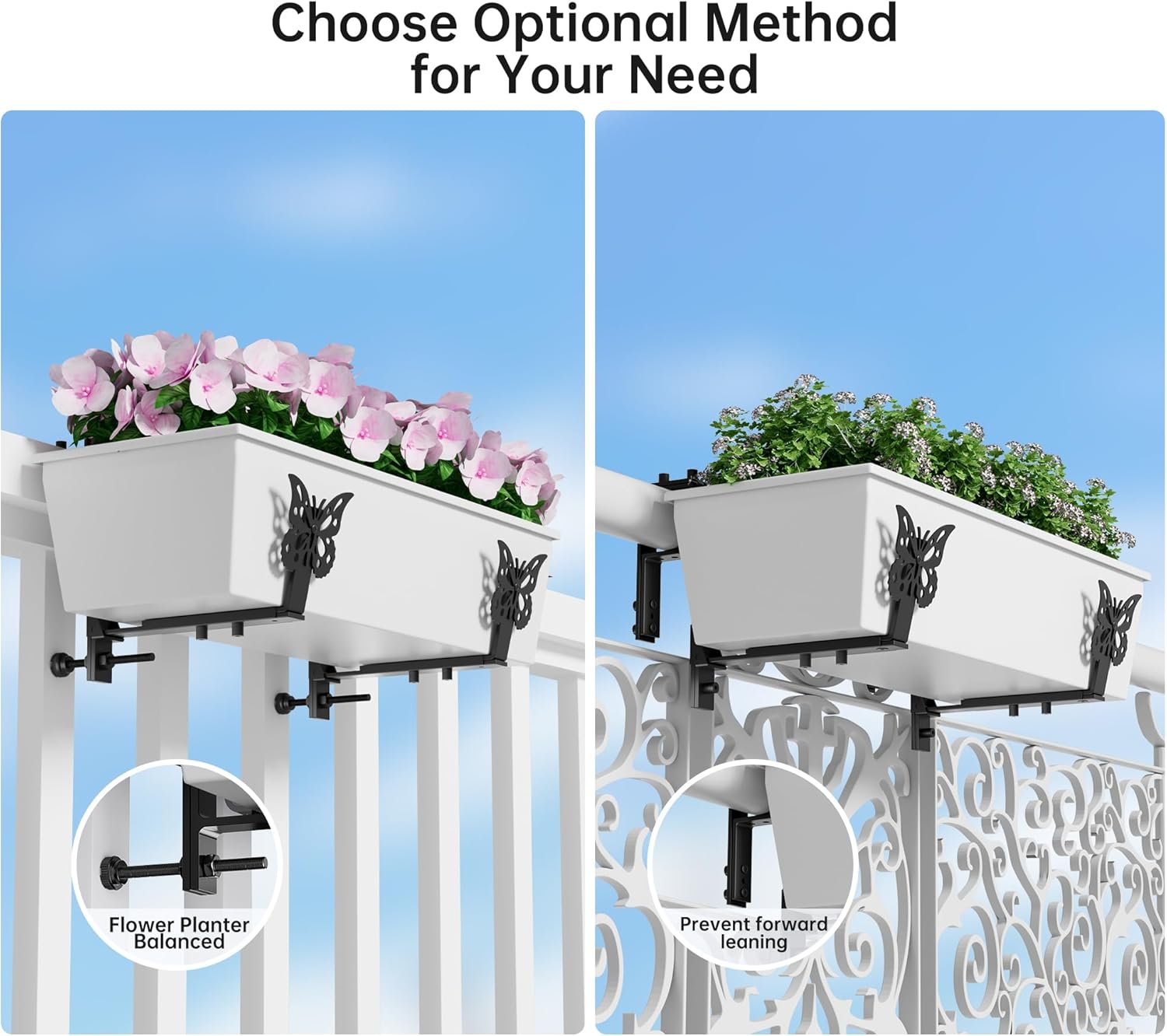 6 Pack Window Box Brackets, Adjustable Planter Box Brackets, Universal Flower Box Bracket for Deck Railing, Heavy Duty Railing Planter Bracket for Balcony, Fence and Garden - Black