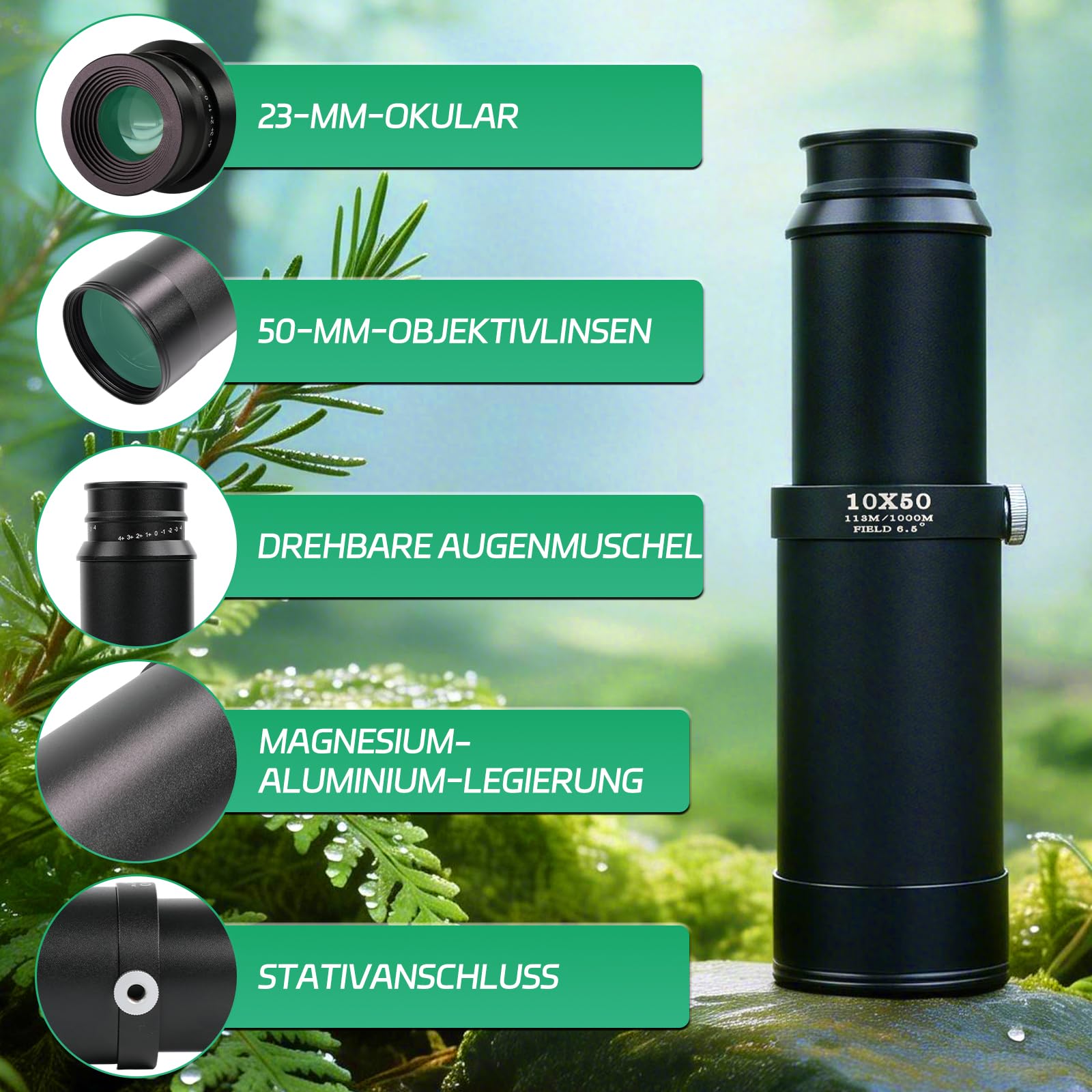 Monokular 10x50 FMC – Wasserdichtes Fernrohr mit Metallgehäuse für Vogelbeobachtung Outdoor Reisen