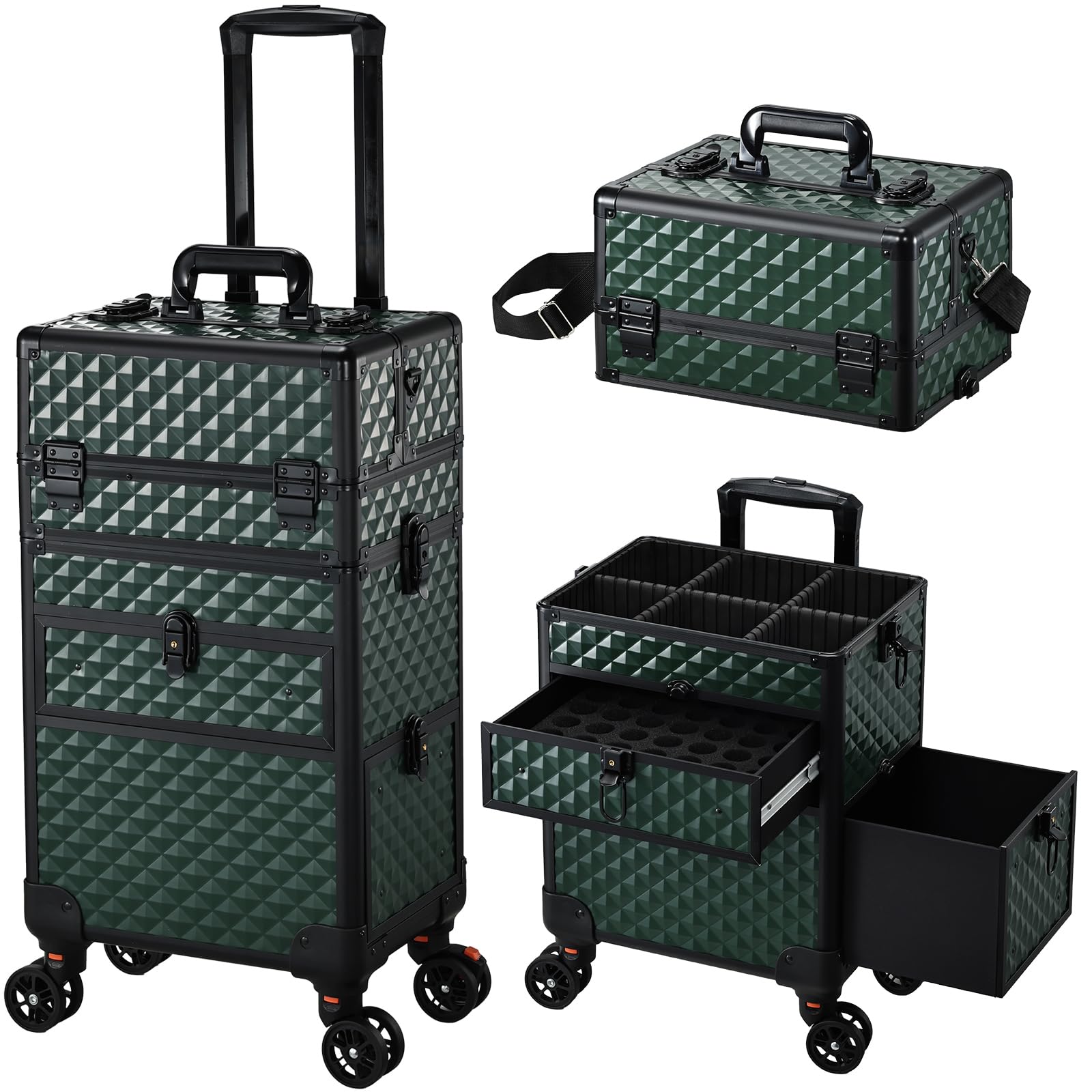 Kosmetik Trolley mit Schubladen Professioneller Kosmetikkoffer Nagelkoffer Make up Koffer Schminkkoffer Großer Friseurkoffer Abschließbarer Beauty Koffer Multikoffer,Dunkelgrün