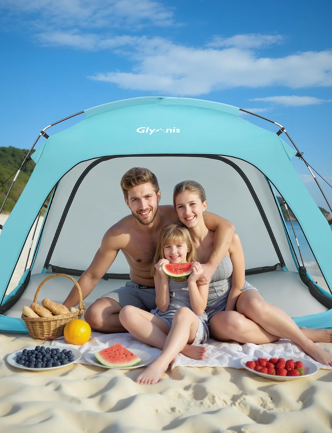 Glymnis Tenda da spiaggia grande per 3-4 persone, portatile, protezione UV, riparo dal sole, tenda leggera per picnic e pesca