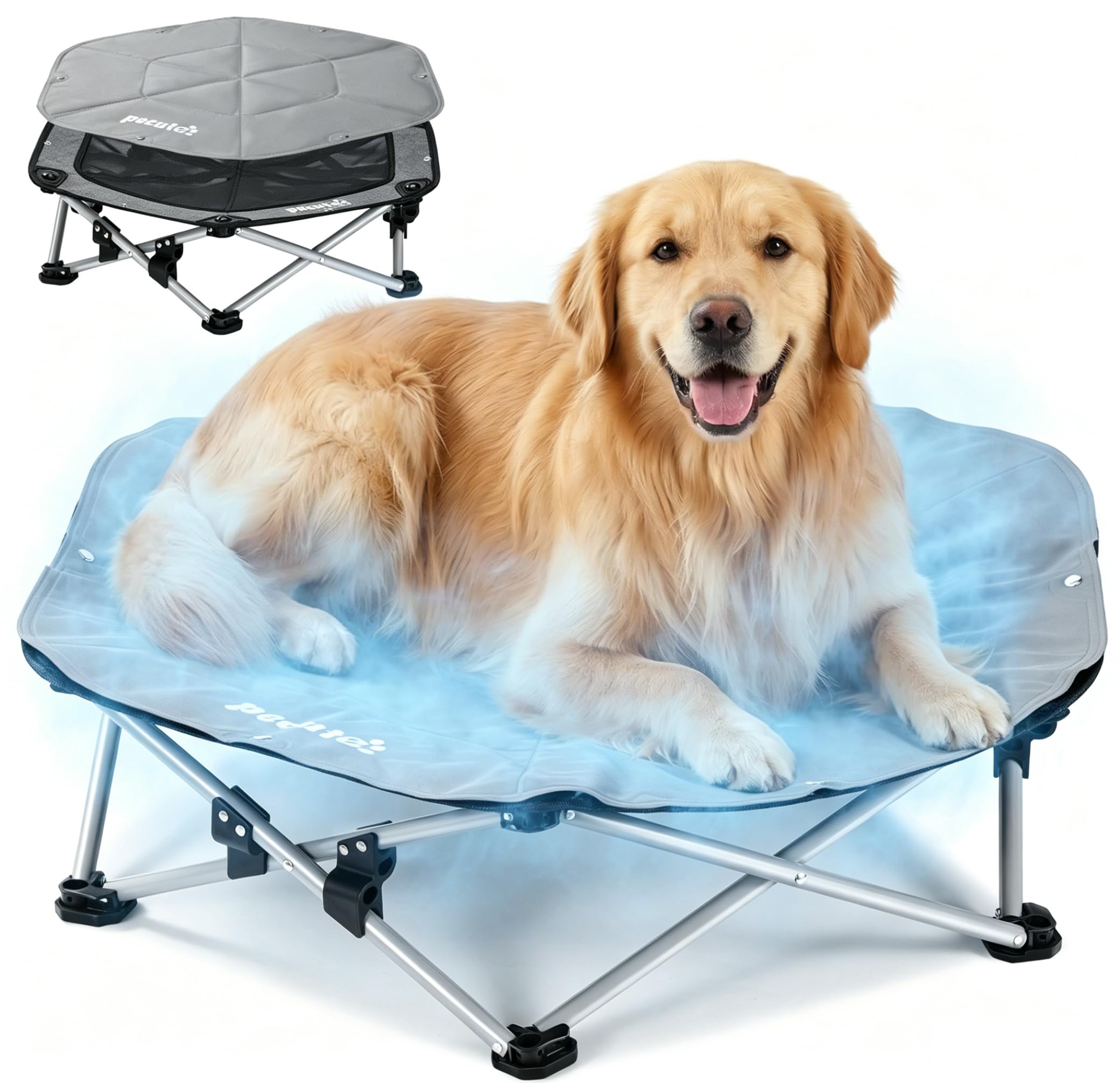 Pecute Cama Elevada para Perros Grande con Manta Refrescante, Sin Montaje, Apto para Gatos y Perros, Plegable para Interior y Camping, Tamaño XL, Soporta hasta 60kg, Gris