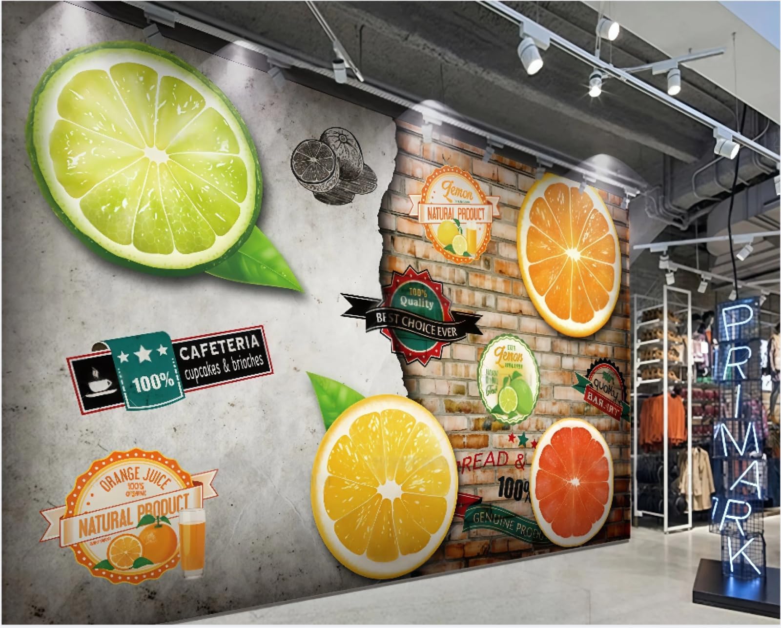 XDOUBAO Wallpaper Nostalgic Cement Brick Wall Hand-Painted Orange Fruit Shop Shopping Mall Afternoon Tea Western Restaurant Background Wall Wallpaper Coffee Shop Mural,3D,150x105cm