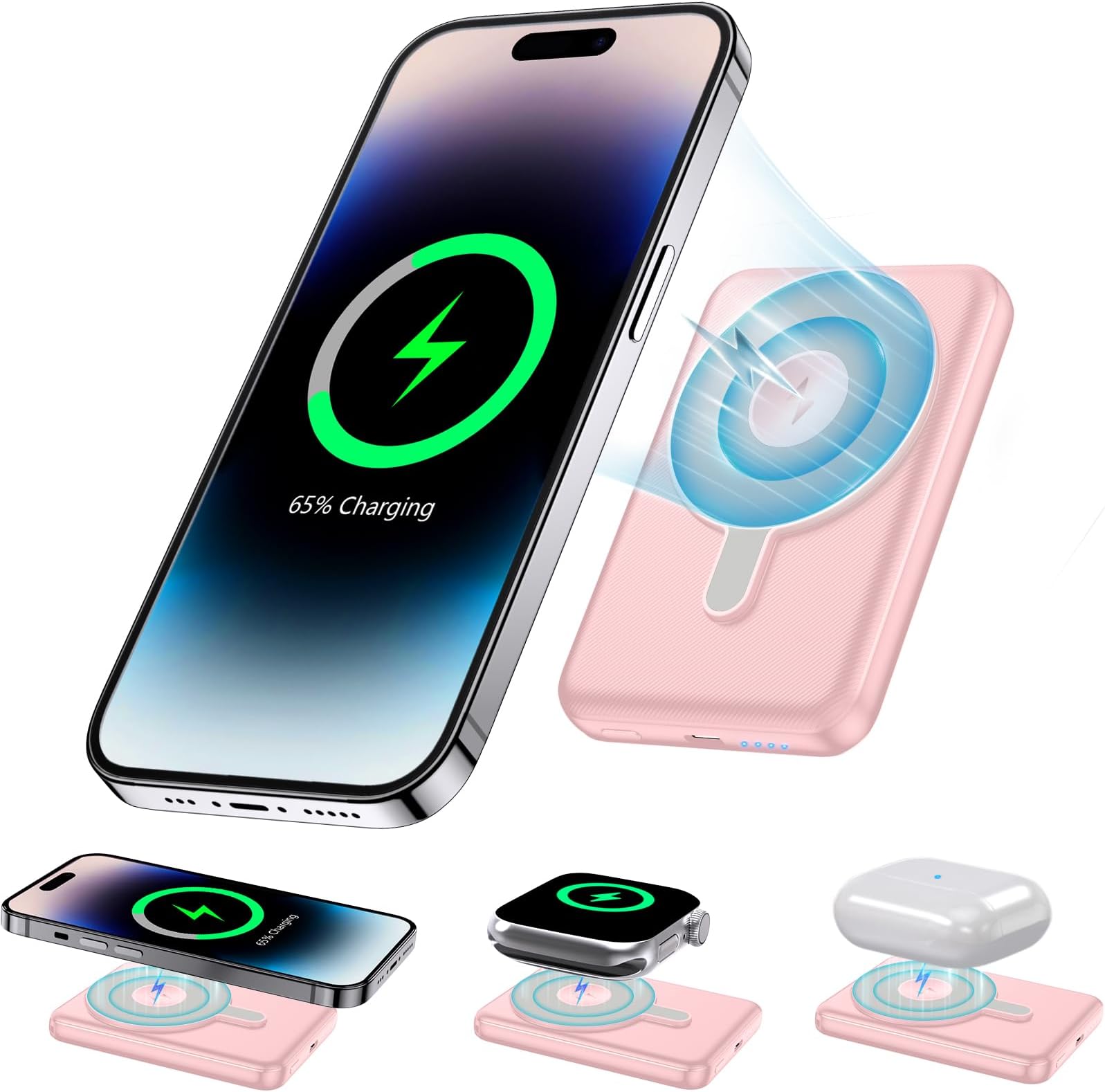 kurdene Ultra Slim Wireless Portable Charger,3 in 1 Magnetic Power Bank Fast Charging,5000mAh Mag-Safe Batteries Pack,Compatible with iPhone 16/15/14/13/12 Series, Apple Watch, Airpod-Pink