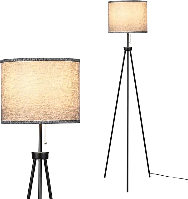 Tomshin-e LED Tripod Floor Lamp Standing Tall Lamps with Grey Cylinder Shade and Convenient Pulling Switch Standard Lights for Reading Living Room Lounge Bedroom Office Studio
