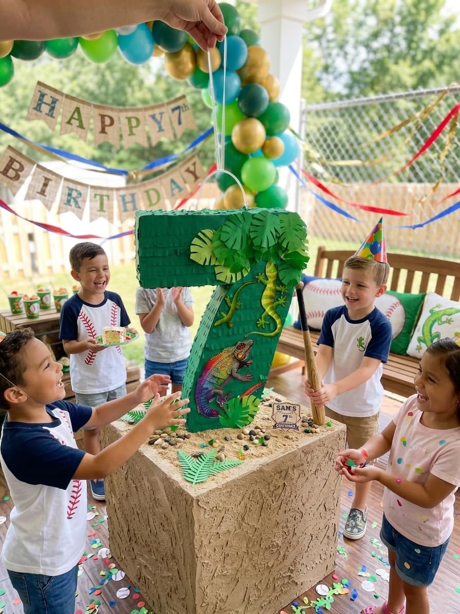 APINATA4U Number 7 Jungle Pinata, Large Handmade Number Seven Pinata for Kids Birthday, Lizard Reptile Theme Party Decorations, Tropical Safari Animal Party Supplies, Boys 7th Birthday Celebration