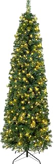 6.5ft Pre-Lit Pencil Christmas Tree, Artificial Skinny Christmas Tree W/Metal Hinges & Base, Perfect for Indoor Shops Office and Holiday