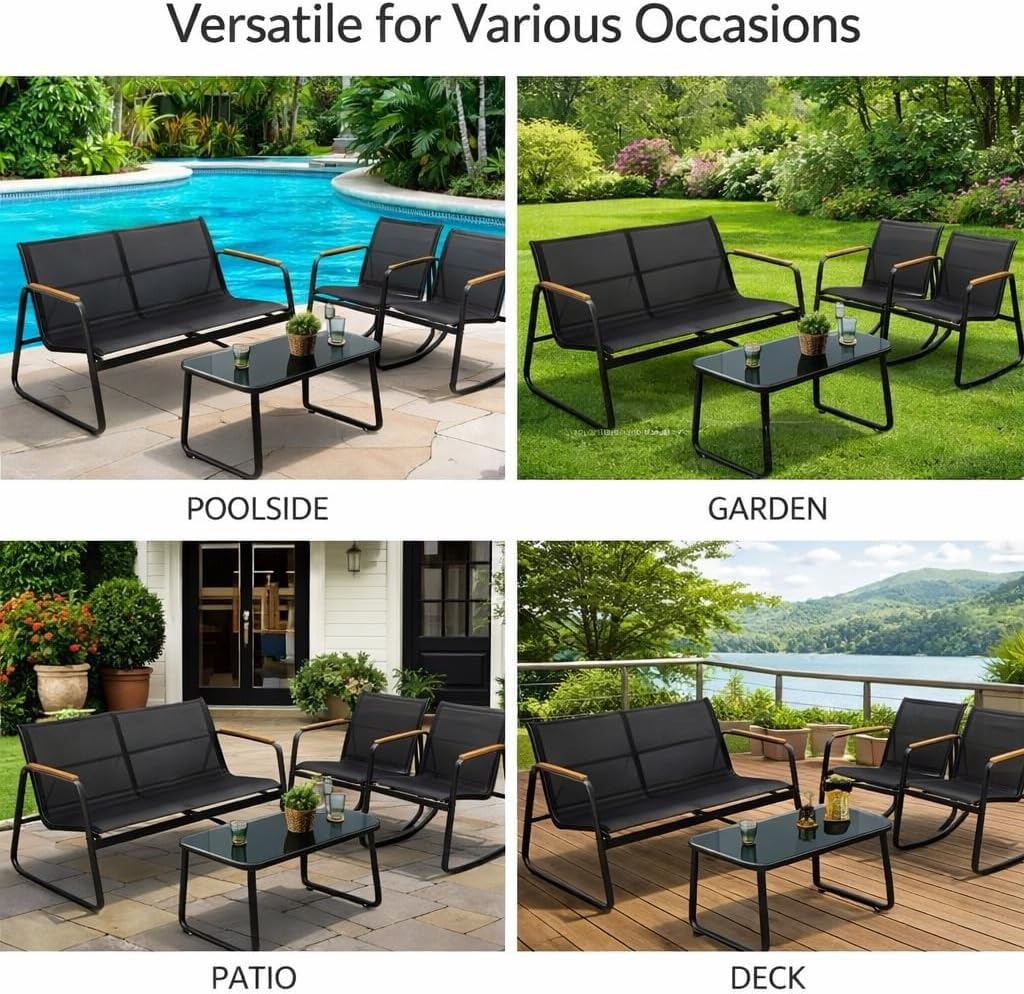 4-Piece Outdoor Patio Furniture Set with Chairs Tempered Glass Coffee Table Powder-Coated Steel Frame Metal Conversation Sets for Backyard Porch Balcony(Black)