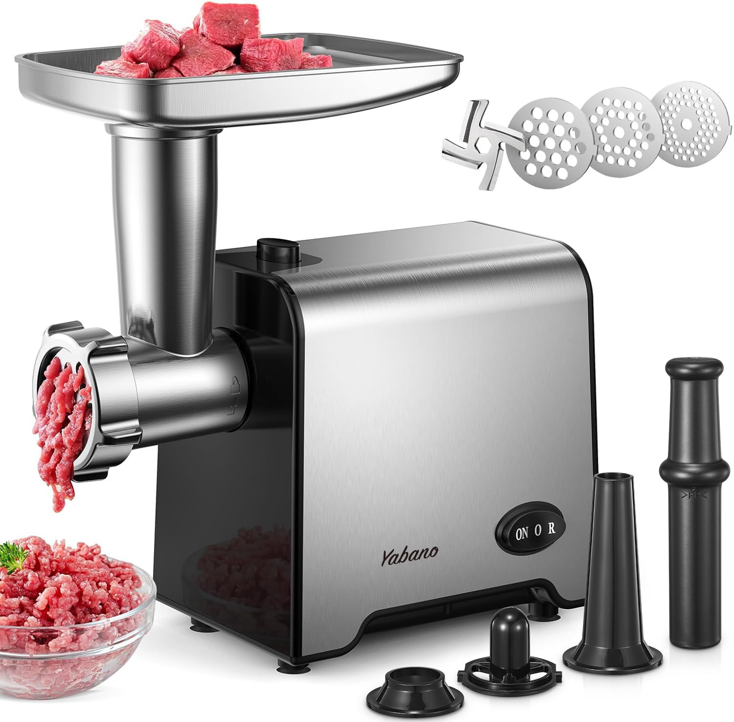 Yabano 3 in 1 Elektrischer Fleischwolf, Edelstahl Hackfleischmaschine mit Wurstfüller, 3 Schleifplatten, Kubbe-Aufsatz & Wurstfüllrohren für Zuhause & Küche