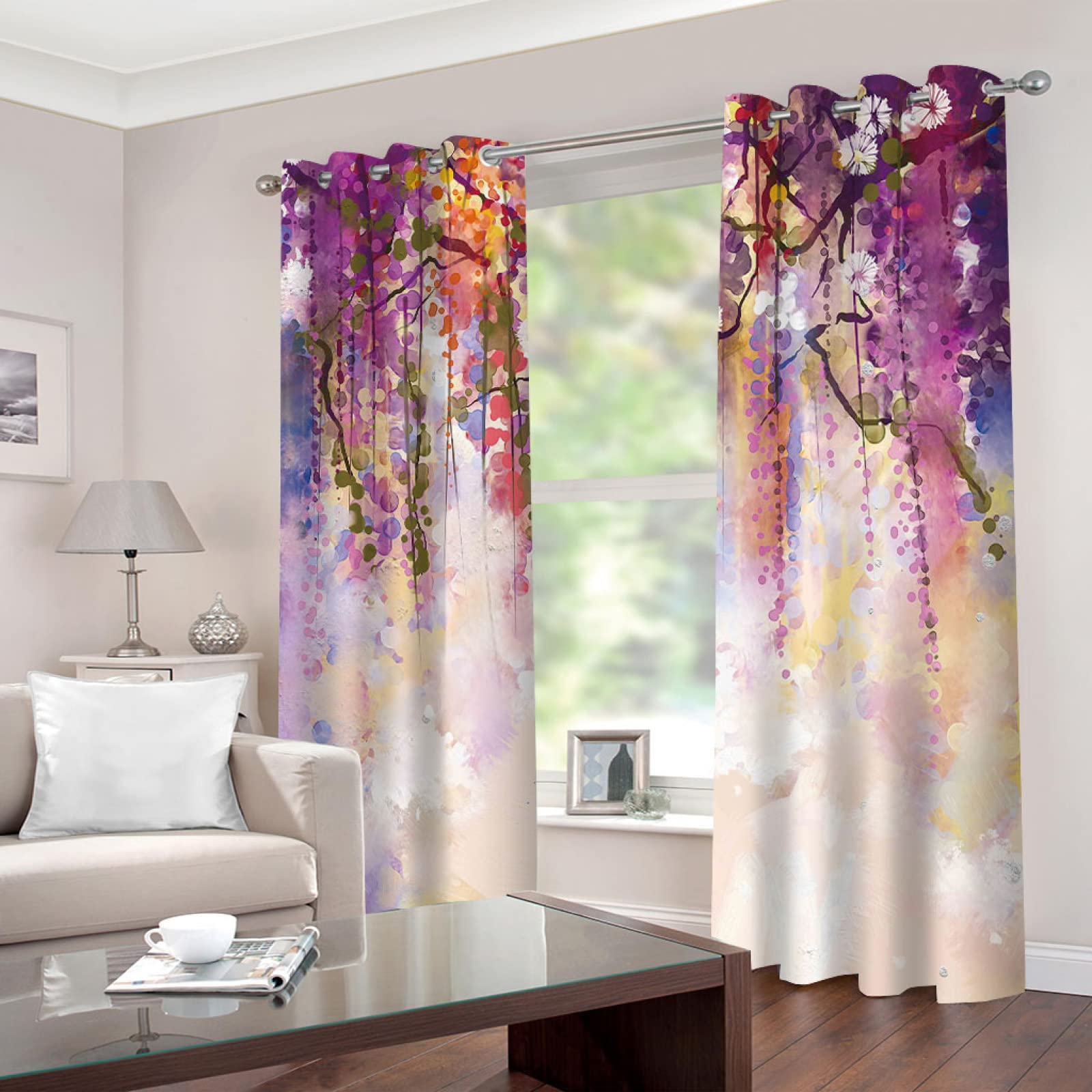 Rideaux occultants à œillets - Peints et fleurs - Super doux - Isolation thermique - Pour chambre d'enfant - 5 x 106 x 213 cm
